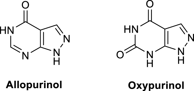 Chemical structures of two molecules, Allopurinol and Oxypurinol. Allopurinol features a pyrimidine ring with a nitrogen and oxygen arrangement. Oxypurinol is similar but with a shifted oxygen position, forming a different isomer.