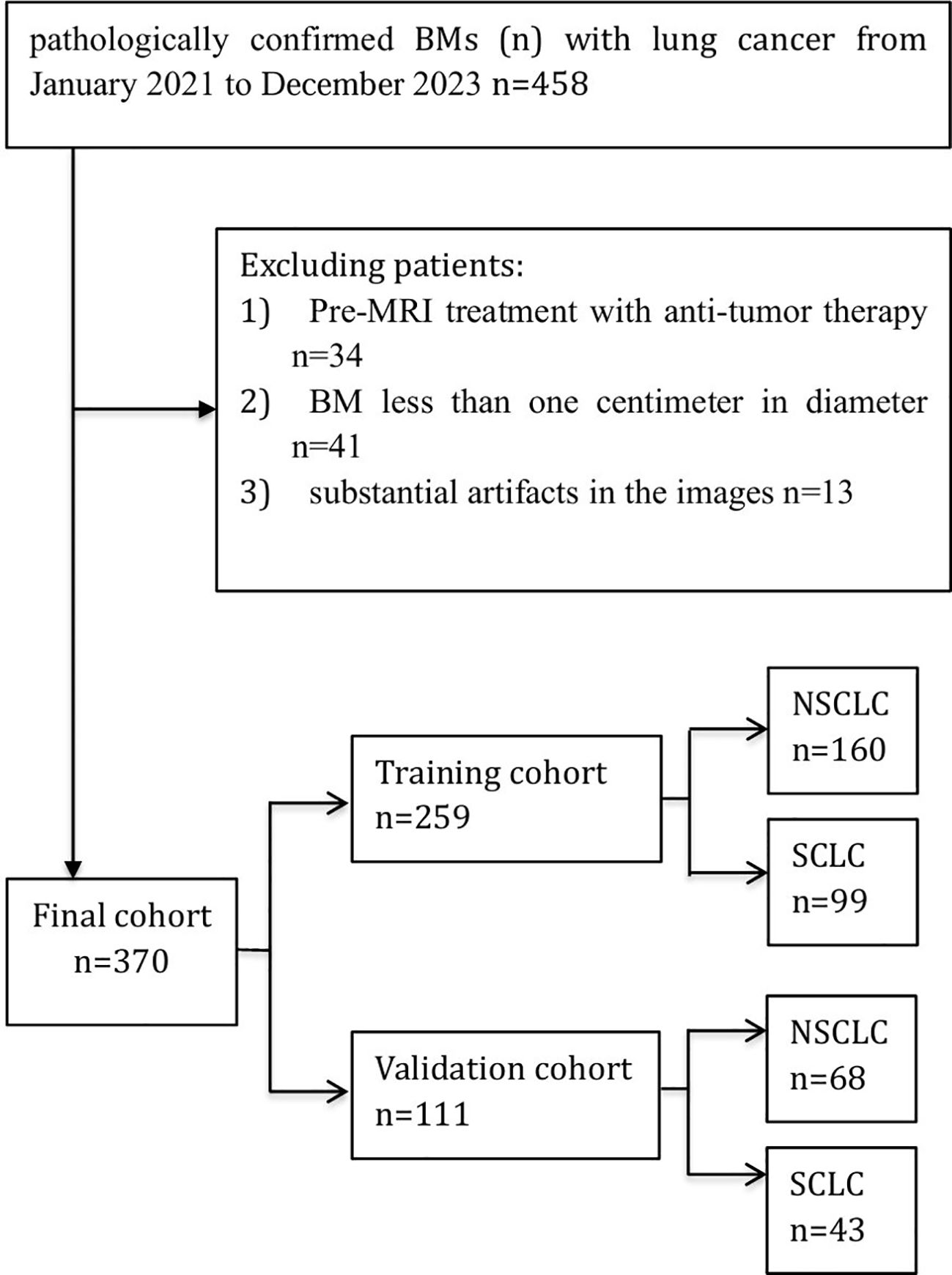 Flowchart illustrating selection criteria and division of patients with pathologically confirmed brain metastases and lung cancer from January 2021 to December 2023. Initially, 458 patients are identified. Exclusions include pre-MRI anti-tumor therapy (34 patients), brain metastases less than one centimeter (41 patients), and substantial image artifacts (13 patients), resulting in a final cohort of 370. This cohort is divided into a training cohort of 259 (160 NSCLC, 99 SCLC) and a validation cohort of 111 (68 NSCLC, 43 SCLC).