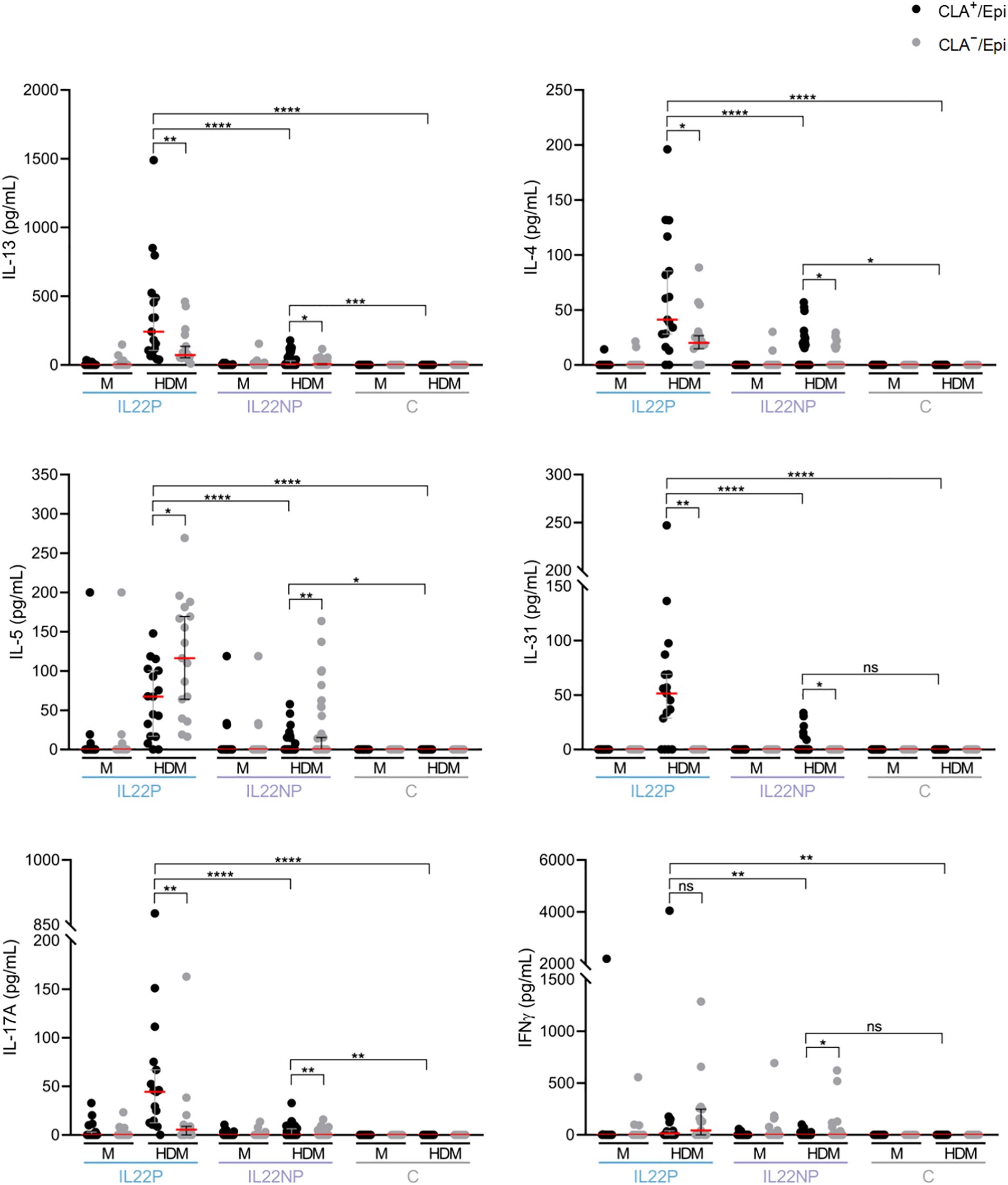 Six scatter plots display cytokine levels (IL-13, IL-4, IL-5, IL-31, IL-17A, IFNγ) in pg/mL across different conditions (M, HDM) and groups (IL22P, IL22NP, C). Data points have varying significance levels marked by asterisks, with black and gray dots representing two distinct populations. Horizontal brackets indicate comparisons, and error bars show mean values.