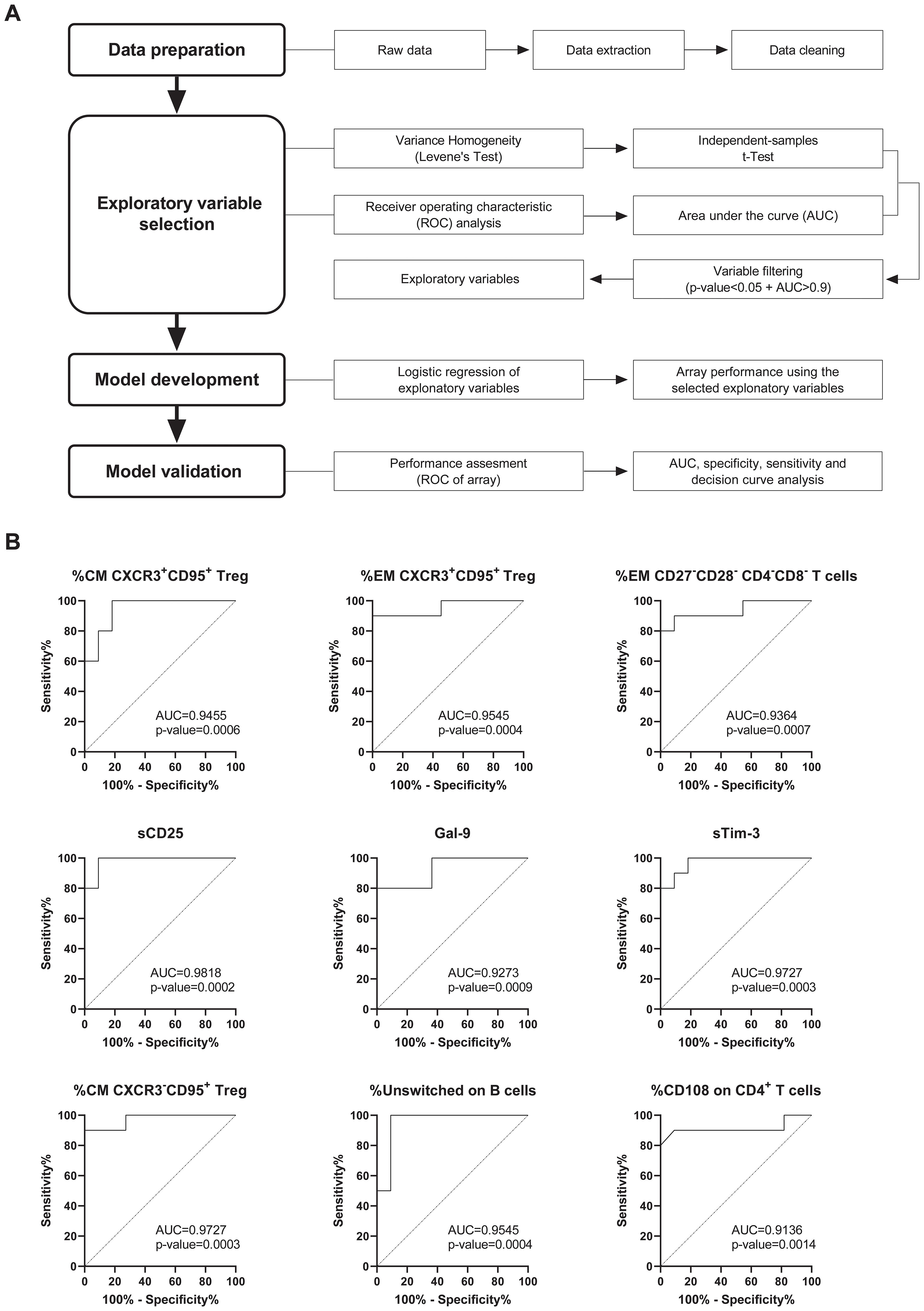 Flowchart and ROC curves illustrate data analysis and validation. **A. Flowchart**: Describes data preparation, exploratory variable selection, model development, and validation, highlighting key analyses like variance homogeneity, logistic regression, and performance assessment. **B. ROC Curves**: Display sensitivity versus 1-specificity for various markers: %CM CXCR3⁺CD95⁺ Treg, %EM CXCR3⁺CD95⁺ Treg, %EM CD27ˉCD28⁻ CD4⁺CD8⁺ T cells, sCD25, Gal-9, sTim-3, %Unswitched on B cells, and %CD108 on CD4⁺ T cells. Includes AUC values ranging from 0.9136 to 0.9818 and p-values indicating statistical significance.