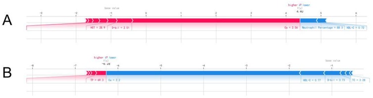 Comparison of Shapley values for two cases (A and B): Case A includes positively contributing factors such as HCT and D-bil, with neutrophil percentage and HDL-C negatively impacting outcomes. Case B features TP, Ca, with HDL-C, D-bil, and TG showing negative values.