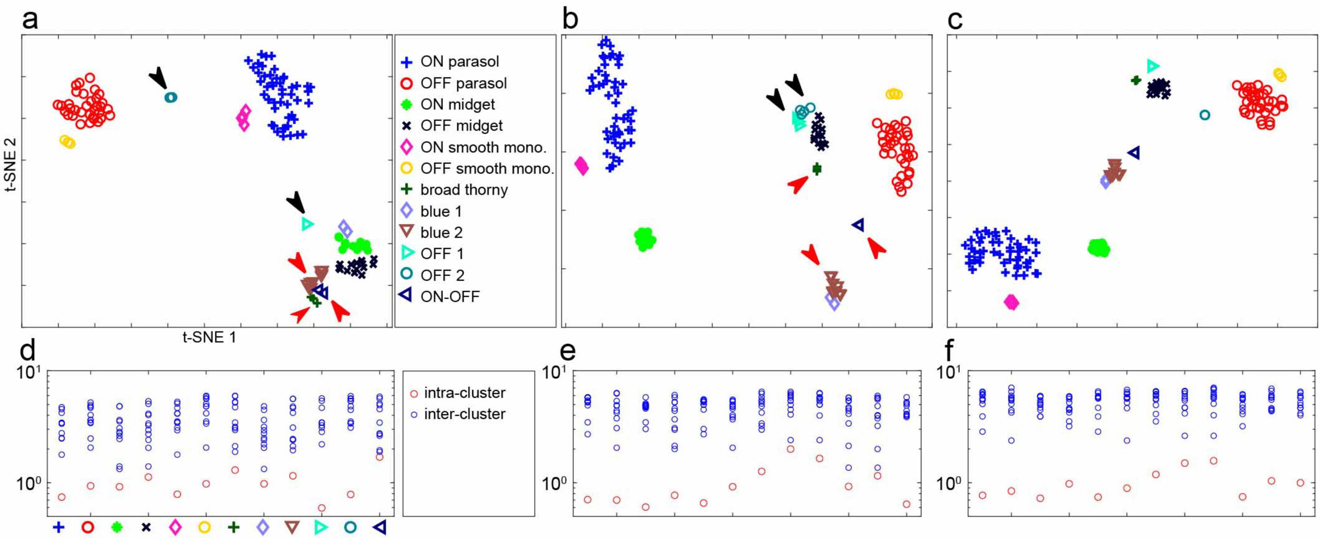 Figure 3 shows three scatter plots of dimensionality-reduced functional clustering of 141 retinal ganglion cells (a-c) and graphs of corresponding intra- and inter-cluster distances (d-f). Panels (a–c) display each cell as a colored symbol, with distinct colors representing different cell types, plotted in 2D t-SNE space using different input features: (a) natural image response features, (b) white noise response features, and (c) combined natural image and white noise response features. Clusters appear as tight groups, with arrows pointing to overlapping or poorly separated types. Panels (d–f) show cluster compactness: each panel plots intra-cluster distances (blue) and inter-cluster distances (red) for each cell type, using different feature spaces as in (a–c); red dots are typically below blue dots, with larger separation between red and blue dots in panel f.