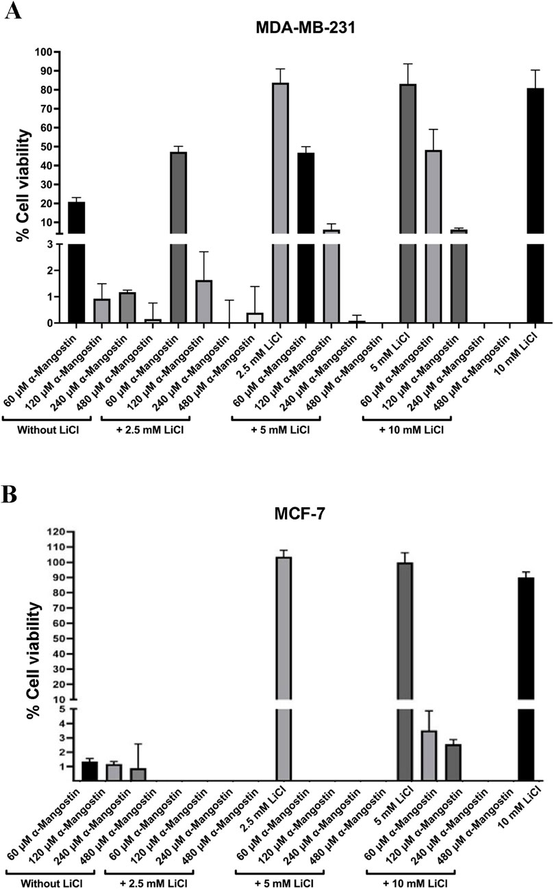 Bar graphs illustrating cell viability percentages for MDA-MB-231 and MCF-7 cells. Graph A shows the effect of varying concentrations of α-mangostin alone or with different lithium chloride (LiCl) concentrations on MDA-MB-231 cells. Graph B displays similar data for MCF-7 cells. Bars represent treatments with α-mangostin concentrations of 60, 120, 240, and 480 micrometres, both without and with 2.5, 5, and 10 millimolar LiCl. Each bar includes error bars indicating variability.