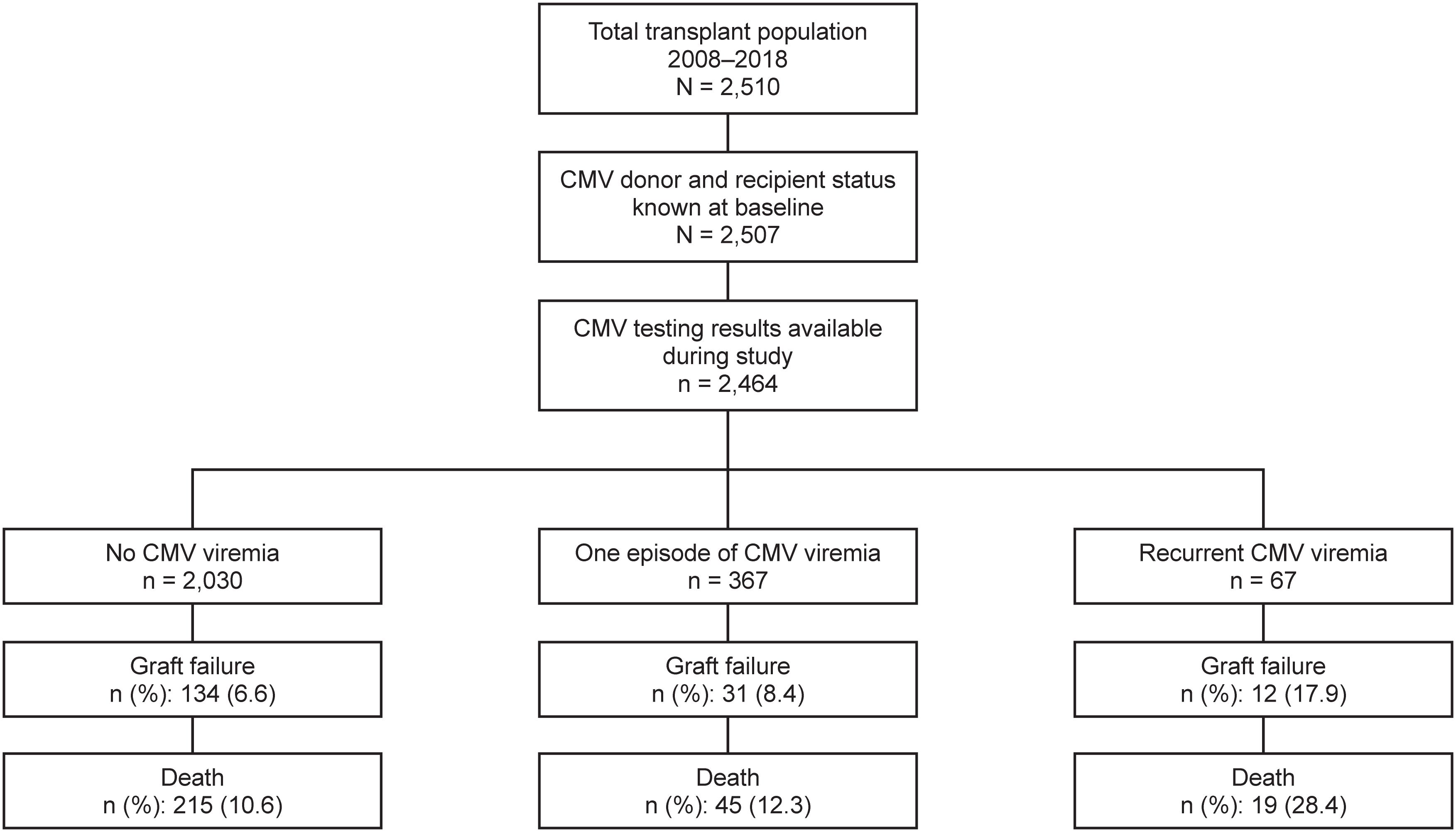 Flowchart illustrating CMV viremia outcomes in transplant patients from 2008 to 2018. Out of 2,510 total patients, 2,464 had CMV testing results. Patients were categorized into no CMV viremia (2,030 patients), one episode (367 patients), and recurrent CMV viremia (67 patients). Graft failure and death rates: No CMV viremia had 6.6% graft failure and 10.6% death. One episode had 8.4% graft failure and 12.3% death. Recurrent viremia had 17.9% graft failure and 28.4% death.