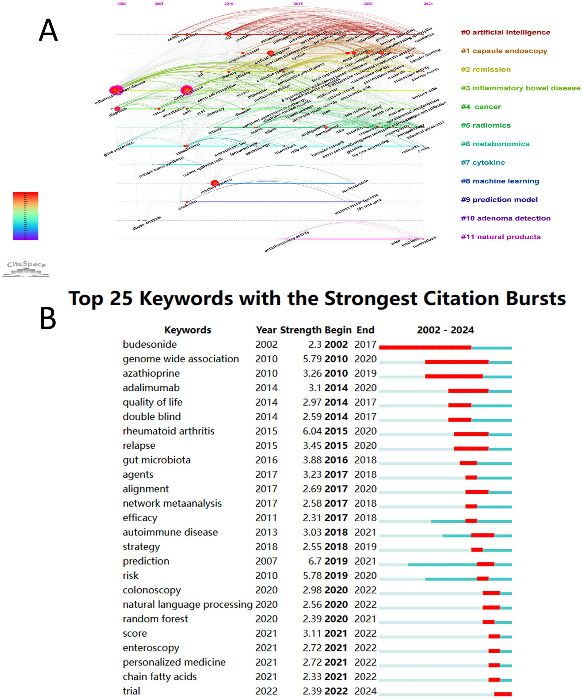 Graphical representation of top keywords with strongest citation bursts over time. Part A is a timeline visualization of citation bursts from 2002 to 2024, highlighting topics such as artificial intelligence and cancer, each in distinct colors. Part B is a table listing the top 25 keywords, showing burst strength and duration with bars, including