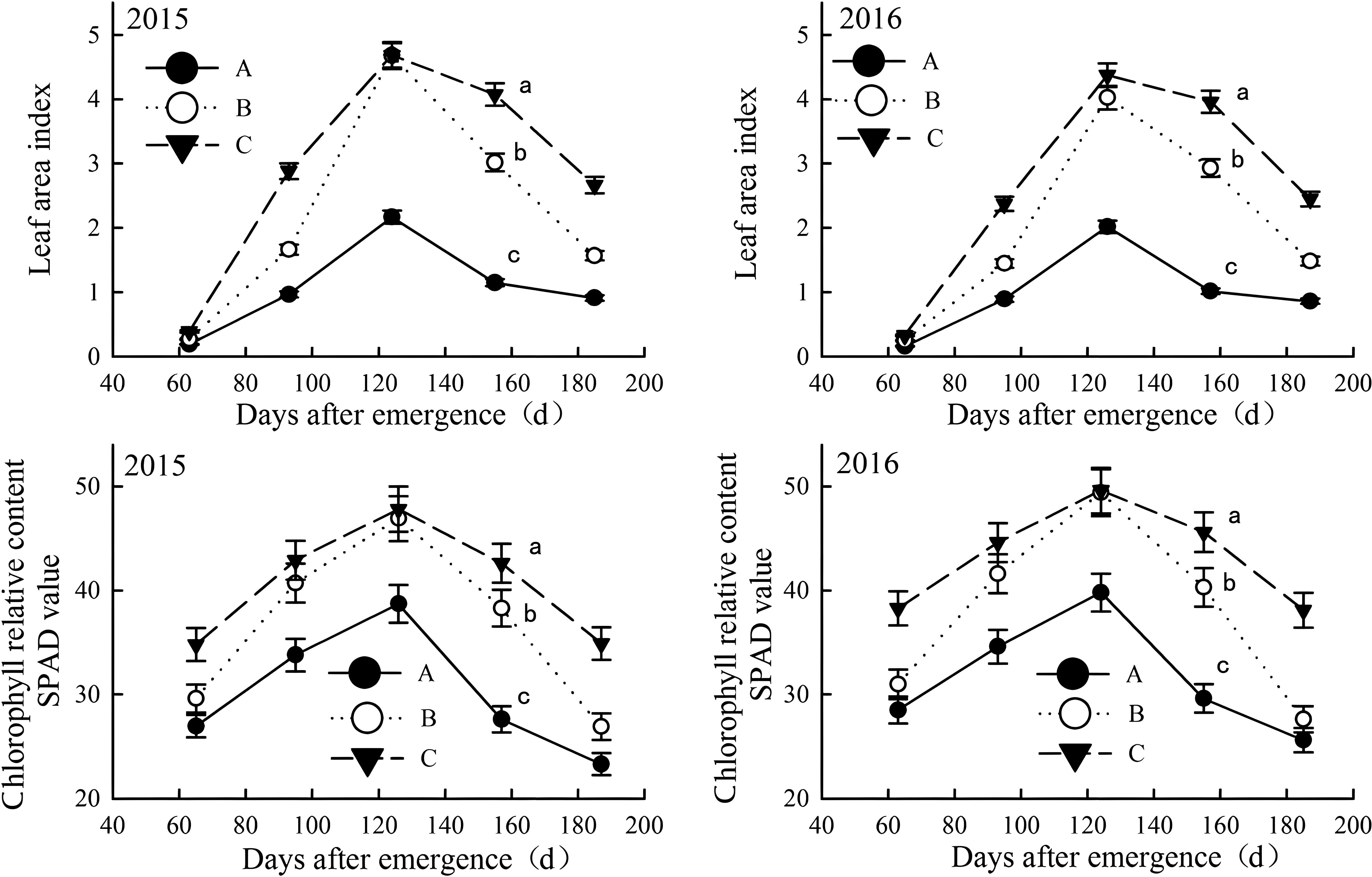 Four line graphs depict plant growth data across different years, 2015 and 2016. The top graphs show leaf area index over days after emergence, with symbols for treatments A, B, and C. The bottom graphs display chlorophyll content (SPAD value) over time with the same treatments. The data indicates trends in leaf area and chlorophyll content, with variations across different treatments and years. Error bars are present to show variability.