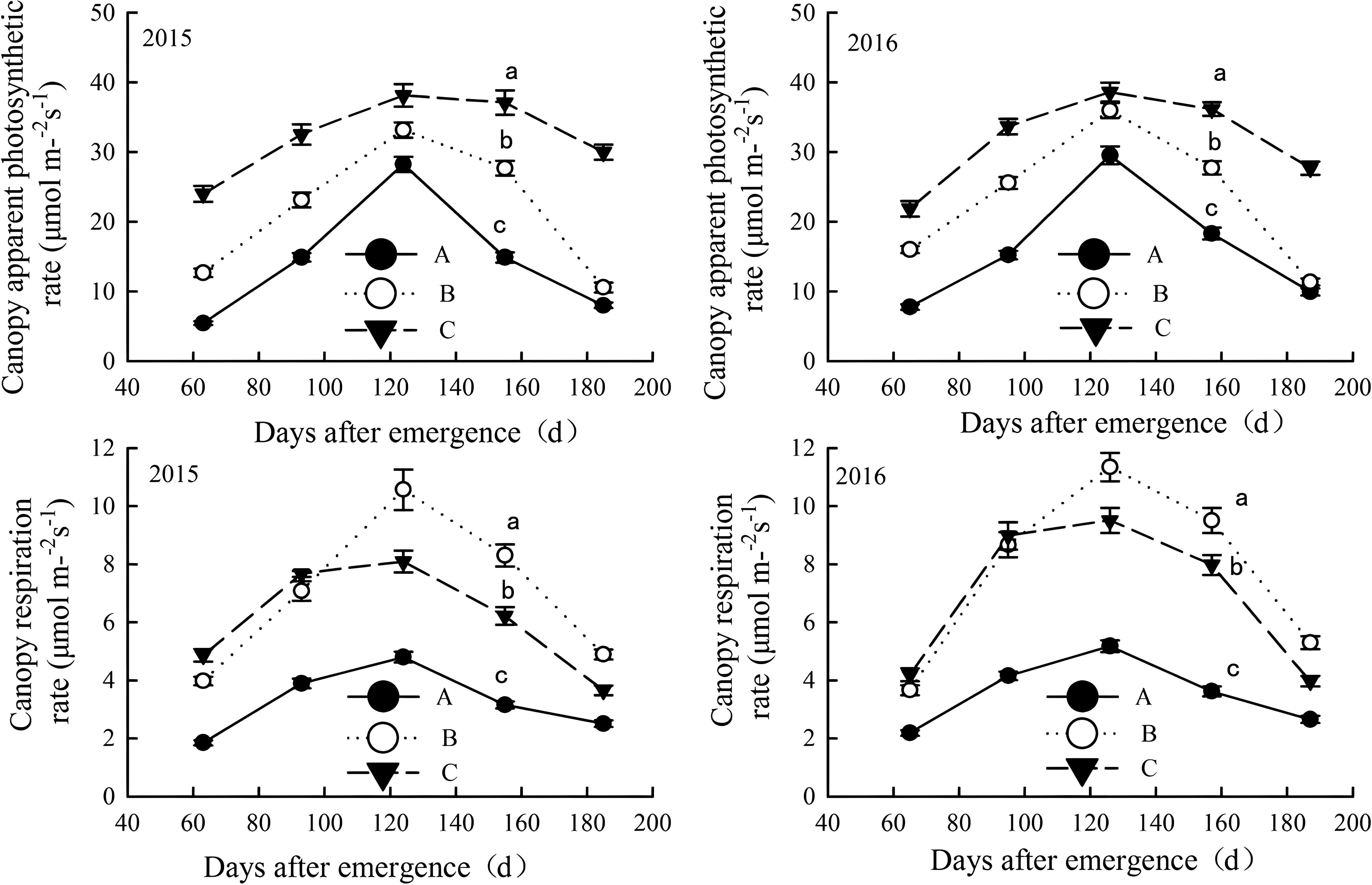Four line graphs showing canopy apparent photosynthetic rate and canopy respiration rate against days after emergence for 2015 and 2016. Each graph compares three treatments: A (solid line), B (dotted line), C (dashed line). The photosynthetic rate is higher in 2016 than 2015 for all treatments, peaking around 120 to 140 days. The respiration rate also peaks around the same period, with higher rates in 2016. Treatment B consistently shows the highest rates, while A shows the lowest. Data points are marked with symbols for each treatment, and error bars indicate variability.