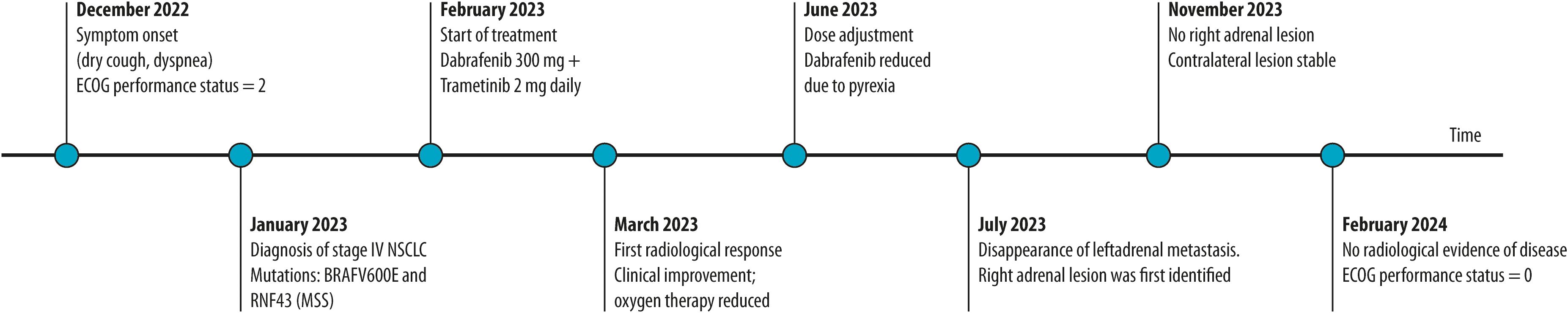 Timeline depicting a patient's medical journey from December 2022 to February 2024. Key events include symptom onset in December 2022, diagnosis of stage IV NSCLC in January 2023, start of treatment in February 2023, first radiological response in March 2023, dose adjustment due to pyrexia in June 2023, lesion disappearance and identification in July 2023, stable lesion in November 2023, and no radiological evidence of disease by February 2024. The patient's ECOG performance status improves from 2 to 0 over this period.
