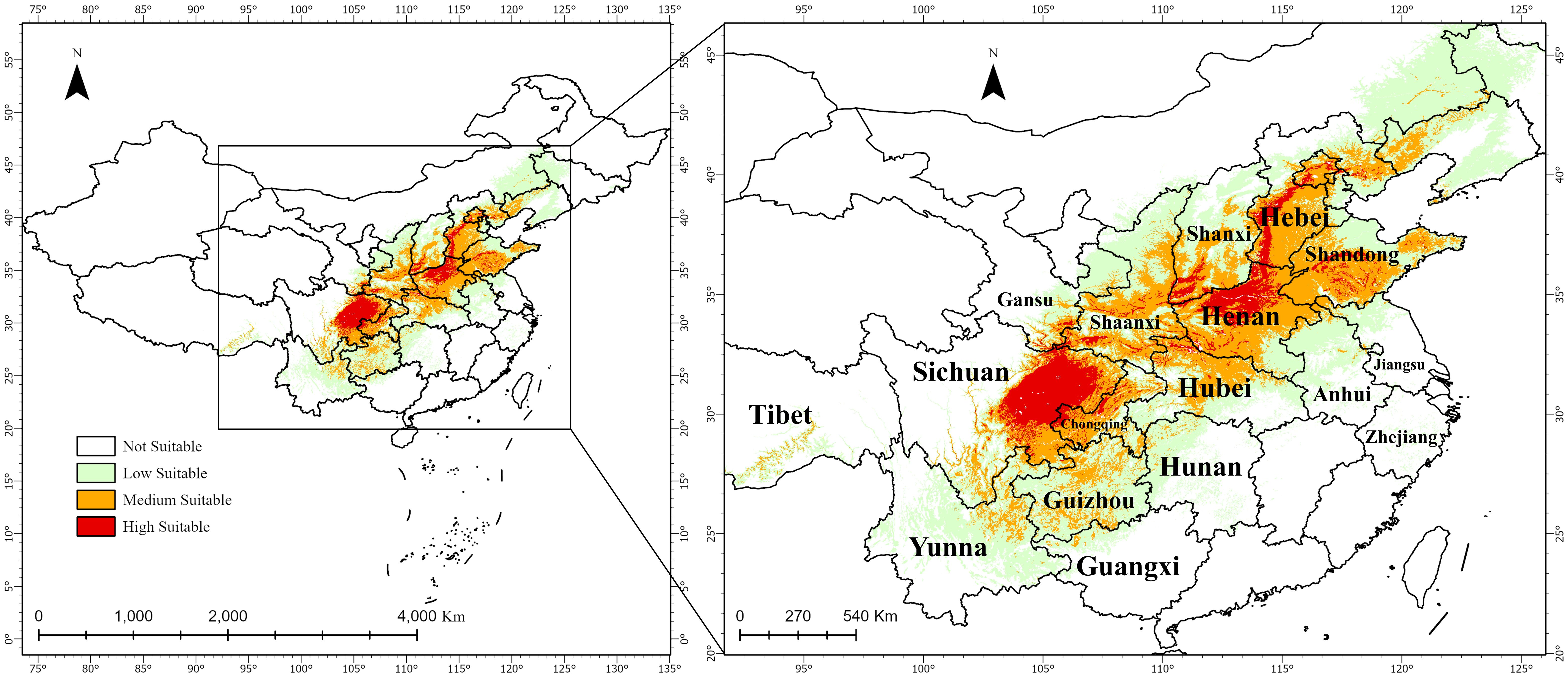 Map showing suitability zones in China, divided into “not suitable,” “low suitable,” “medium suitable,” and “high suitable.” The left panel displays the entire country, while the right panel zooms in on central regions including Sichuan, Henan, and Hubei. Colors range from red (highly suitable) to white (not suitable).