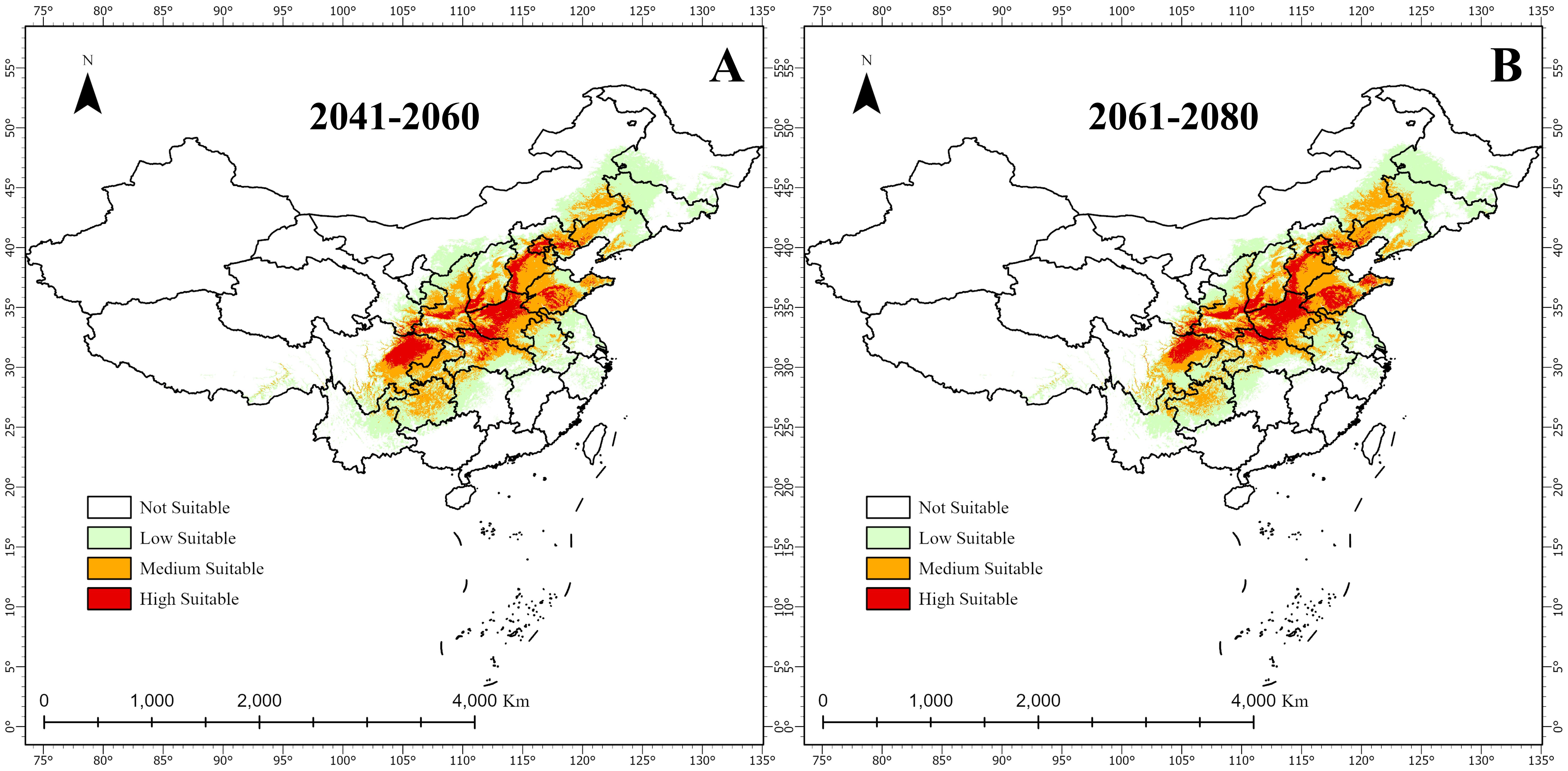 Two maps of China show suitability for a certain variable in two future periods: 2041-2060 (Panel A) and 2061-2080 (Panel B). The maps use colors to indicate suitability levels: red for high suitability, orange for medium, light green for low, and white for not suitable. The maps highlight central and eastern regions becoming more suitable over time.