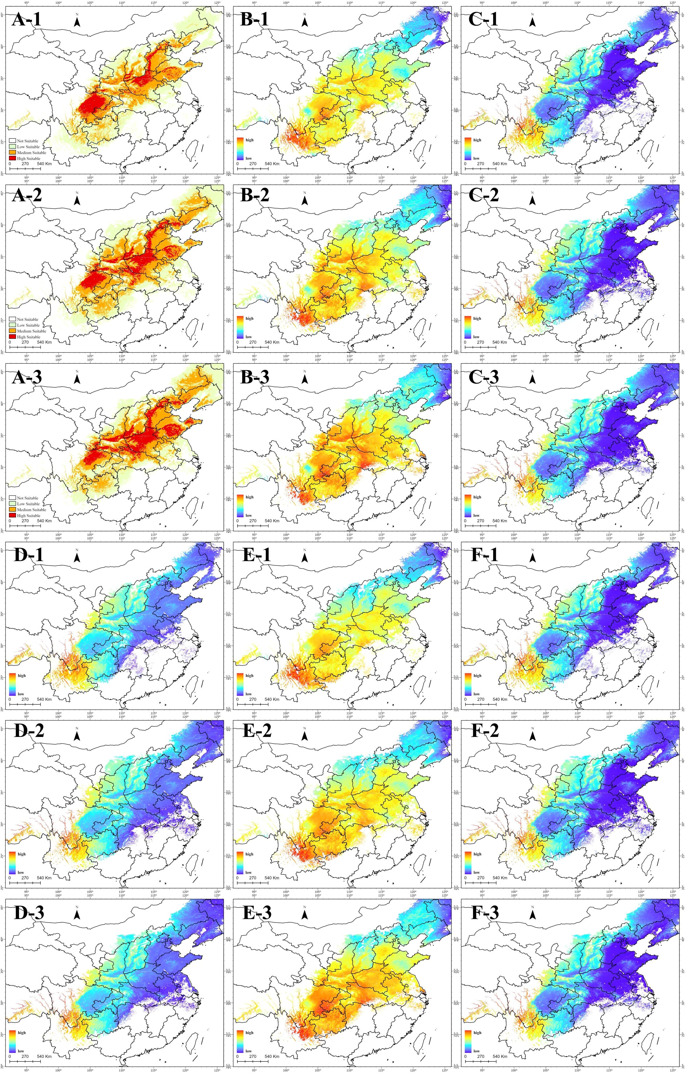 Six sets of maps labeled A to F show simulated ground-level pollutant concentrations in China across different times and scenarios, with colors ranging from red (high) to blue (low). Each set consists of three maps labeled 1 to 3, with varying patterns of color distribution indicating pollutant presence in different regions. Color scales and geographic boundaries are consistent across all maps, aiding in comparison.