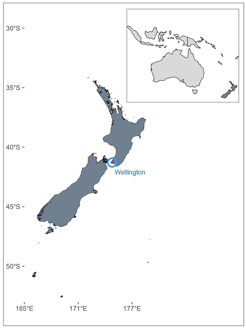 Map showing New Zealand with a focus on Wellington, marked with a blue dot. Latitude lines range from 30°S to 50°S and longitude lines from 165°E to 177°E. An inset map in the top right displays New Zealand's location relative to Australia.