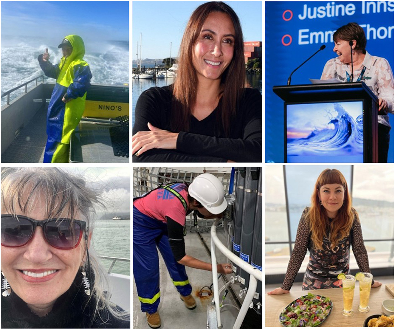 A collage of six images: Top left, a person in a raincoat giving a thumbs up on a boat. Top center, a person smiling with a marina in the background. Top right, a person speaking at a podium with a screen behind them. Bottom left, a person wearing sunglasses smiling with water in the background. Bottom center, a person in work gear inspecting machinery. Bottom right, a person standing behind a table with drinks and salad, smiling at the camera.
