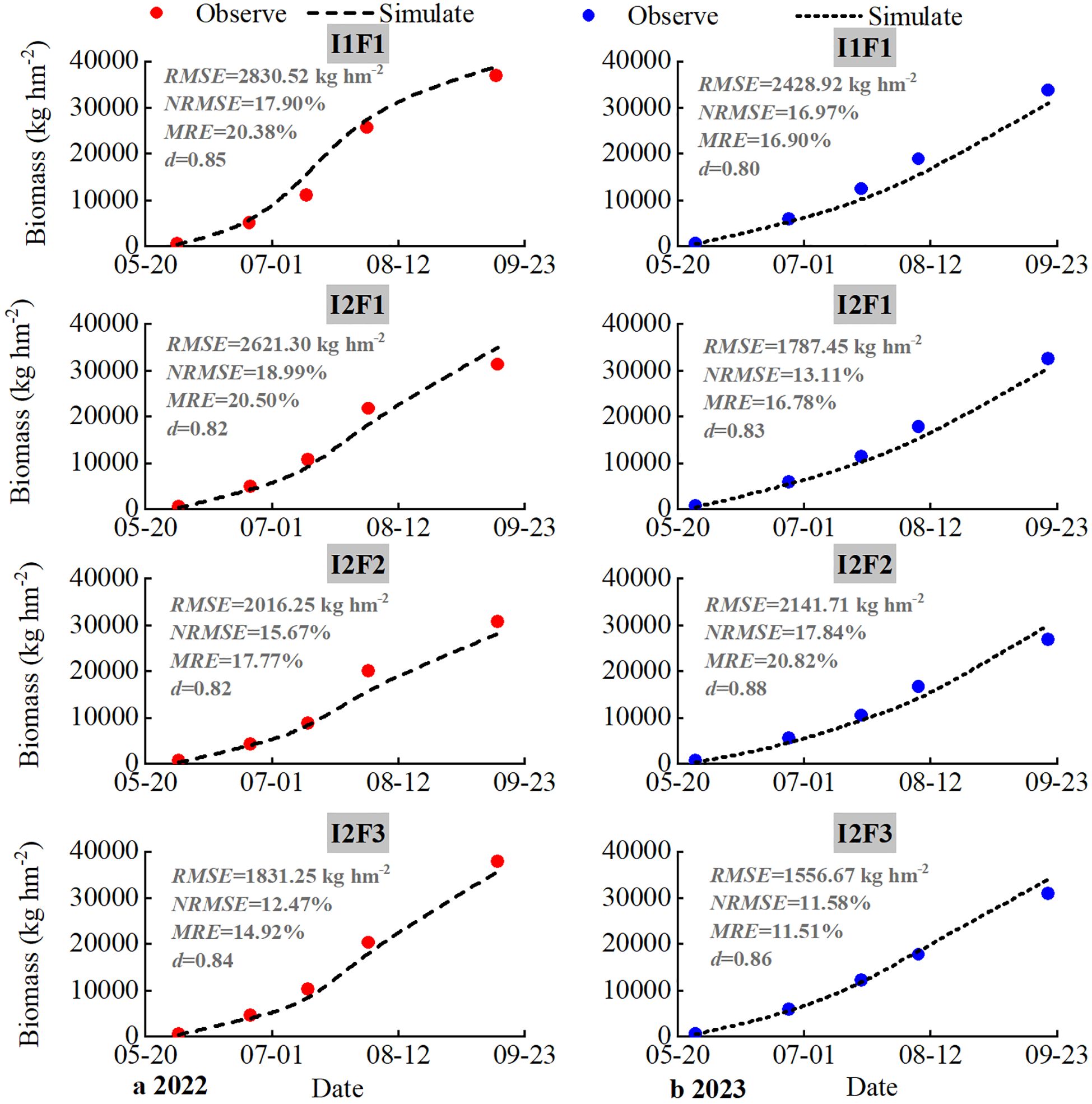 Six line graphs comparing observed and simulated biomass over time. The left column shows red data points for 2022 labeled as I1F1, I2F1, and I2F2 with RMSE, NRMSE, MRE percentages, and correlation coefficient d values. The right column with blue data points for 2023 includes I1F1, I2F1, and I2F3, also with corresponding statistics. Dates range from May to September, with biomass in kilograms per hectare on the y-axis. Simulated data is represented by dashed lines.