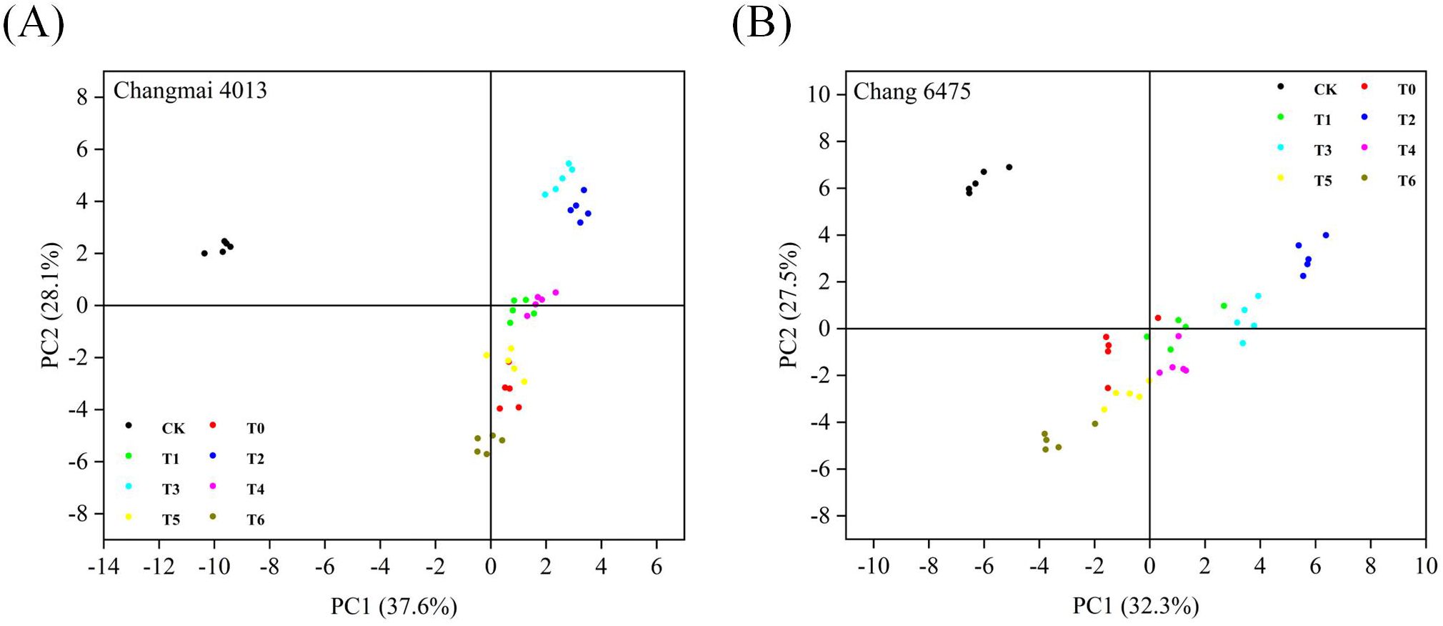 Two scatter plots labeled A and B display principal component analysis results. Plot A, titled “Changmai 4013,” shows data points clustered differently along PC1 (37.6%) and PC2 (28.1%) axes. Plot B, titled “Chang 6475,” shows a similar distribution along PC1 (32.3%) and PC2 (27.5%) axes. Different colors represent various treatments: CK, T0, T1, T2, T3, T4, T5, and T6. The legend is consistent across both plots.