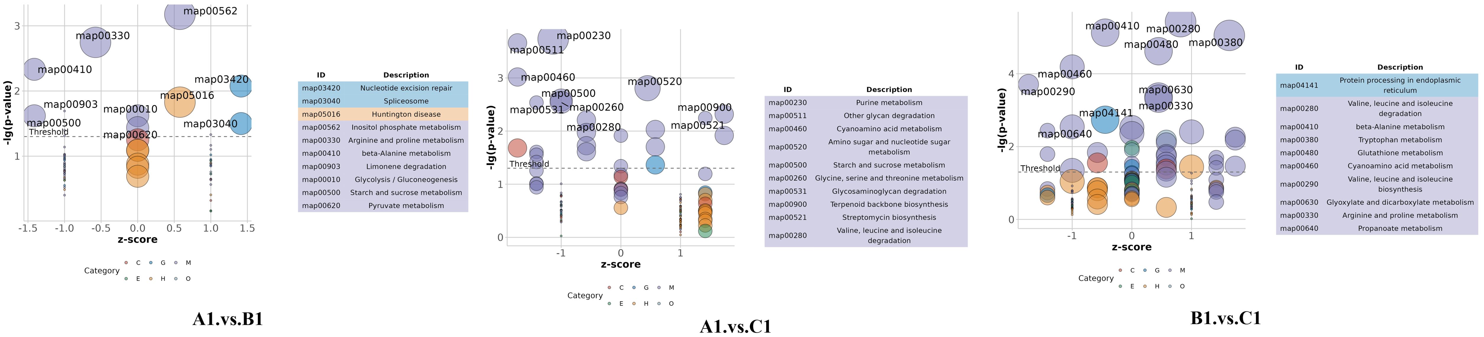 Three scatter plots compare pathways based on z-scores and negative log p-values. Each plot has labeled points with identifiers like “map00410” and a legend categorizing data. Adjacent to each graph are tables listing pathway IDs and descriptions, such as nucleotide excision repair and glycolysis. The plots are labeled A1 vs. B1, A1 vs. C1, and B1 vs. C1, indicating different conditions compared.