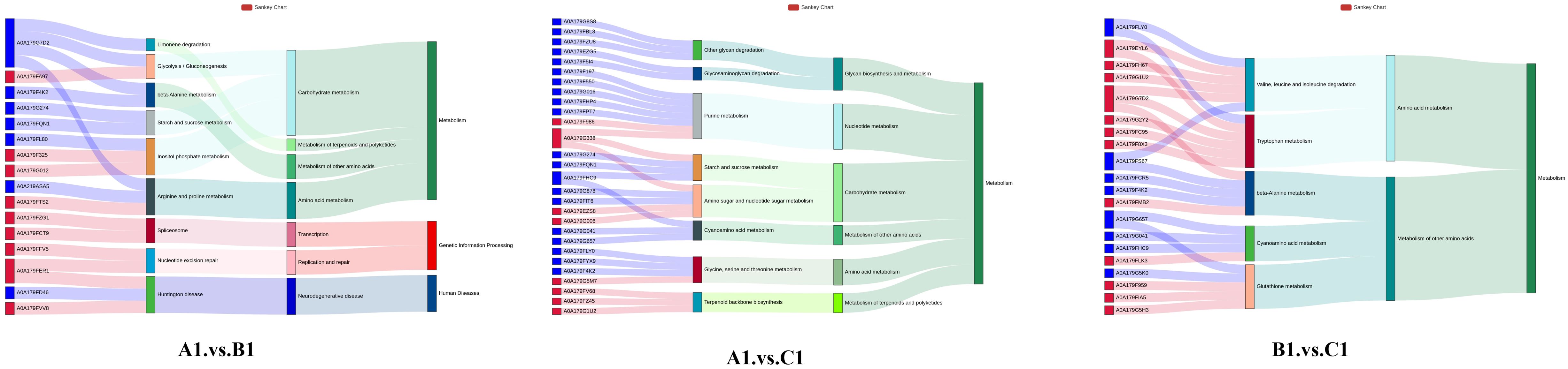 Three distinct Sankey diagrams labeled A1.vs.B1, A1.vs.C1, and B1.vs.C1 show various pathways. Each diagram links specific codes to different metabolic processes, genetic information processing, and human diseases, highlighting variations in data flows and connections across the charts.