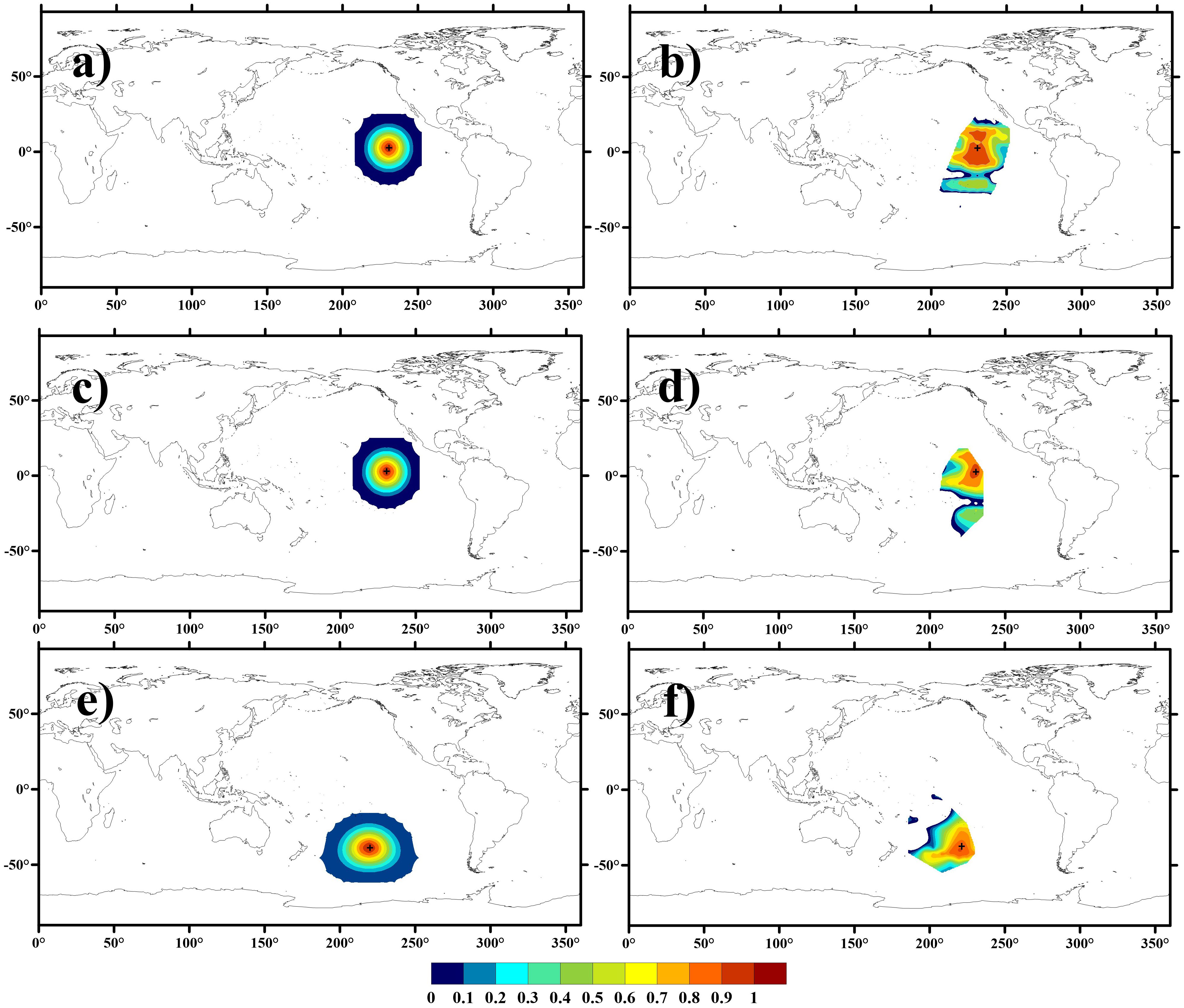 Six world maps labeled a) to f) display varying color-coded data distributions, focused on different Pacific Ocean regions. Each map uses a gradient from blue to red, indicating values from zero to one. Maps a), c), and e) show centralized circular patterns, while b), d), and f) depict irregular shapes with diverse color variations. Latitude and longitude are marked, with a color bar at the bottom indicating data values.