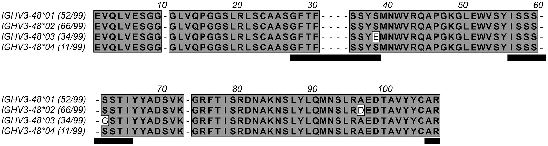 A sequence alignment table shows variants of the IGHV3-48 gene segment. Two notable variants in complementarity determining regions are marked at positions 38 and 62 in one sequences. Each sequence is labeled with its identifier and frequency.