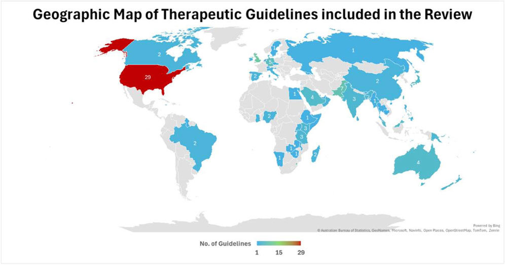 Map illustrating the geographic distribution of therapeutic guidelines reviewed. The United States has the highest number, colored red at twenty-nine. Other countries, in varying shades of blue, each have between one and four guidelines.