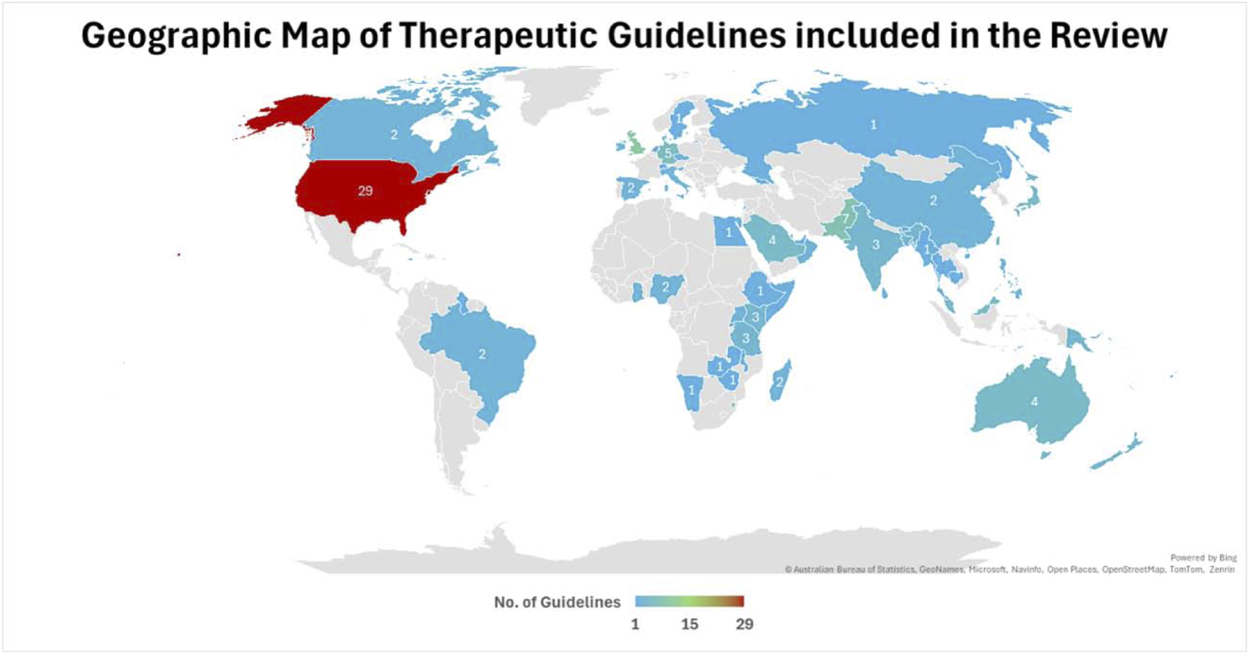 Map illustrating the geographic distribution of therapeutic guidelines reviewed. The United States has the highest number, colored red at twenty-nine. Other countries, in varying shades of blue, each have between one and four guidelines.