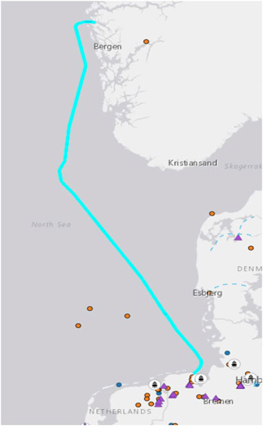 Map showing a route from near Bergen, Norway, across the North Sea, ending near the Netherlands and northern Germany. Key locations include Kristiansand, Esbjerg, and Schillig. The route is marked in light blue.