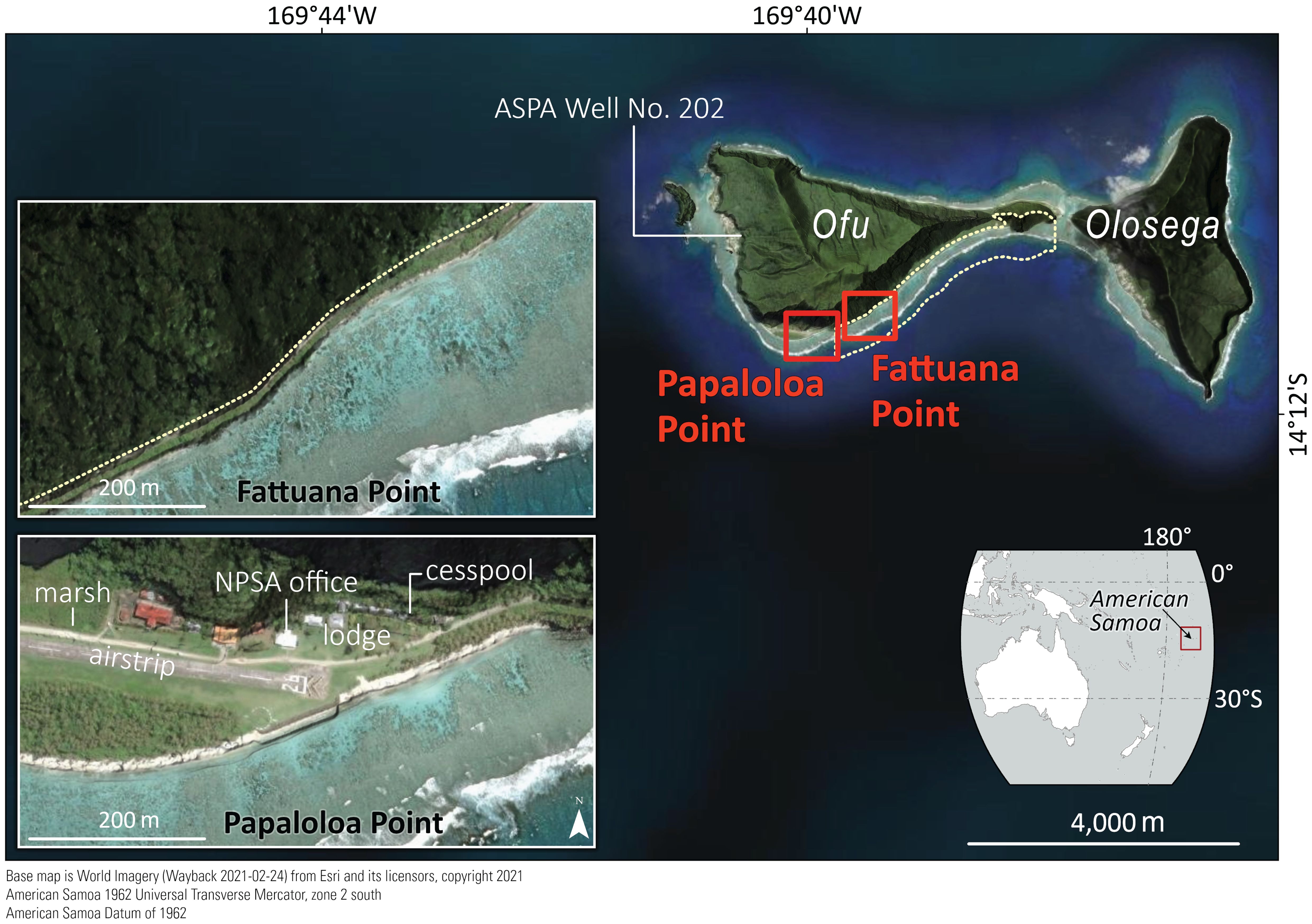 Satellite map of Ofu and Olosega islands in American Samoa. Key locations include Papaloloa Point and Fatuana Point. Insets show detailed views with labeled areas like the NPSA office and lodge. A small map indicates the islands' location in the Pacific Ocean. Scale bars show 200 meters and 4,000 meters.