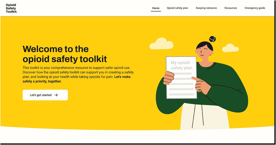 Welcome page for the Opioid Safety Toolkit featuring an illustration of a person holding a document labeled \“My opioid safety plan.\” The page encourages making safety a priority and offers a “Let's get started” button. A menu includes options like Home, Opioid safety plan, Keeping naloxone, Resources, and Emergency guide.