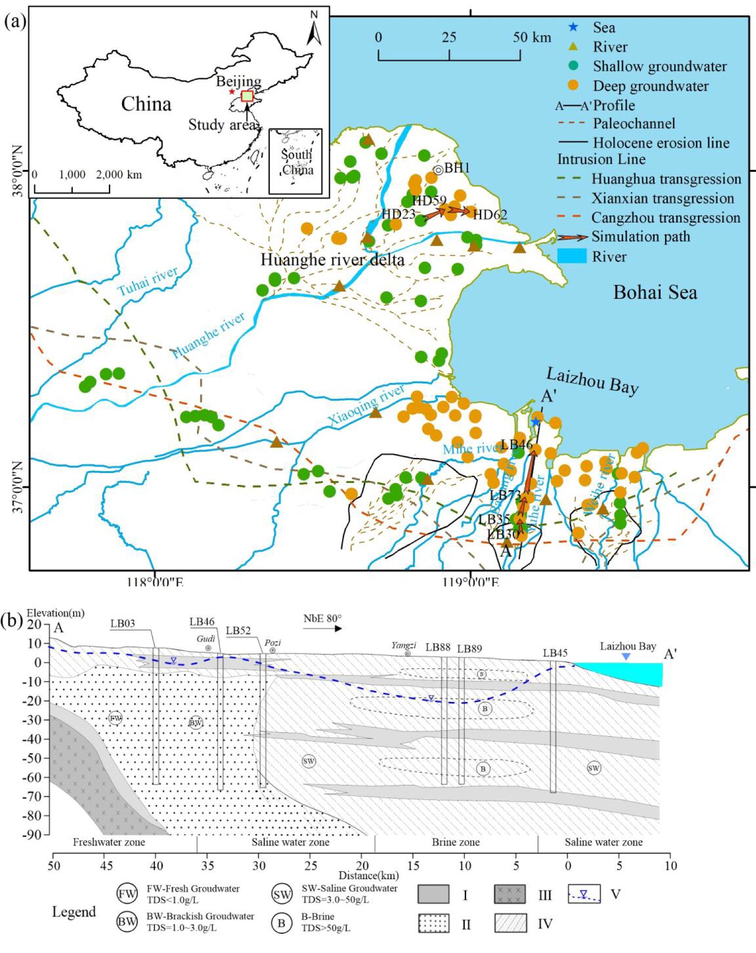 Map and cross-section of the Huanghe River Delta, China, showing groundwater sources and geological features. The map highlights rivers, shallow and deep groundwater, and various transgression lines. A cross-section outlines elevation levels with freshwater, saline, and brine zones in meters, indicating different groundwater types. A legend explains symbols and zones, including fresh groundwater, saline groundwater, brine, and their total dissolved solids (TDS) levels. An inset map locates the study area within China.