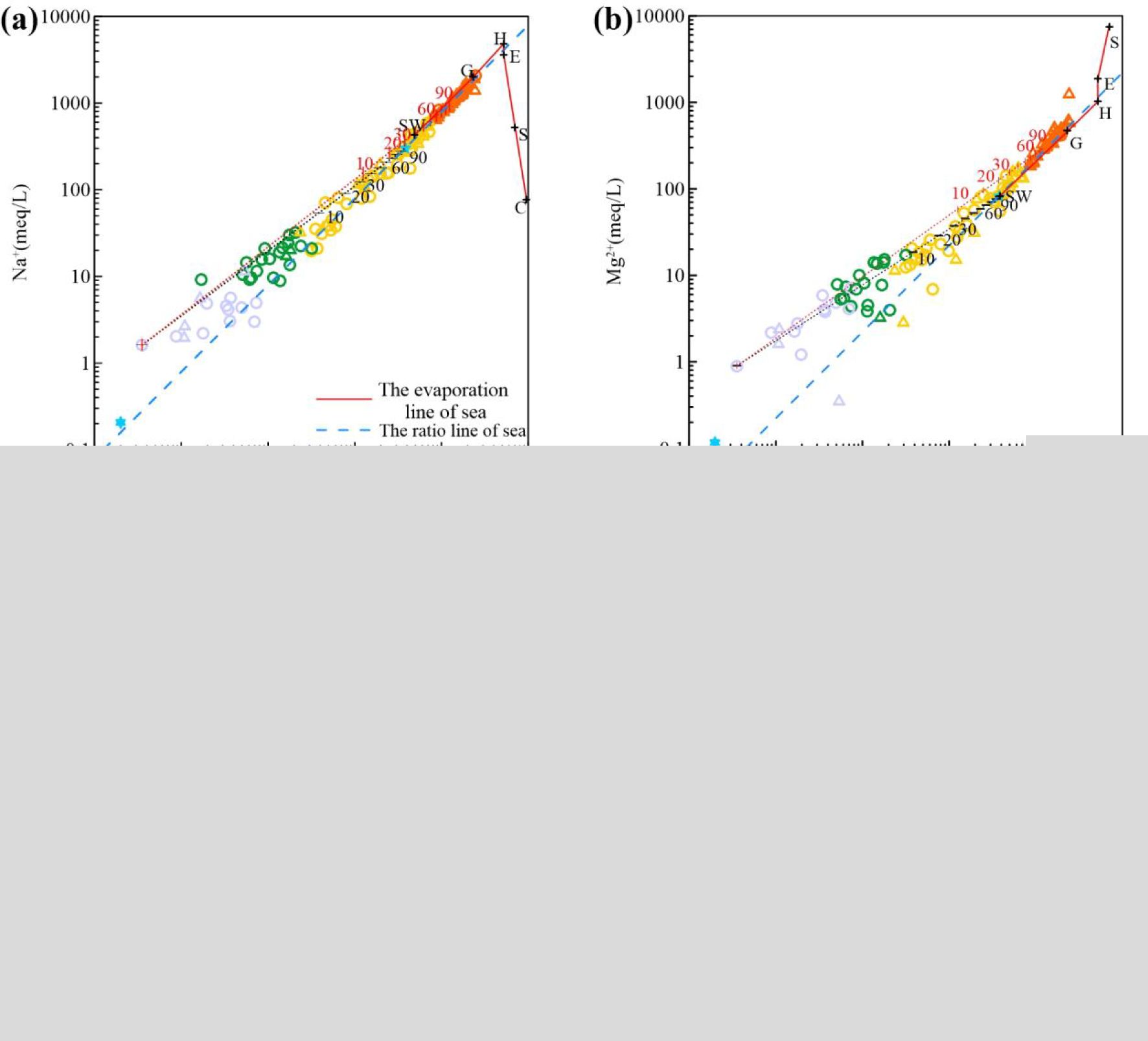 Four scatter plots show relationships between chloride concentration (Cl⁻) and other ions (Na⁺, Mg²⁺, SO₄²⁻, Ca²⁺) in milliequivalents per liter. All plots use logarithmic scales and include evaporation and sea ratio lines. Panels are labeled (a) Na⁺, (b) Mg²⁺, (c) SO₄²⁻, and (d) Ca²⁺ with varying data distributions.