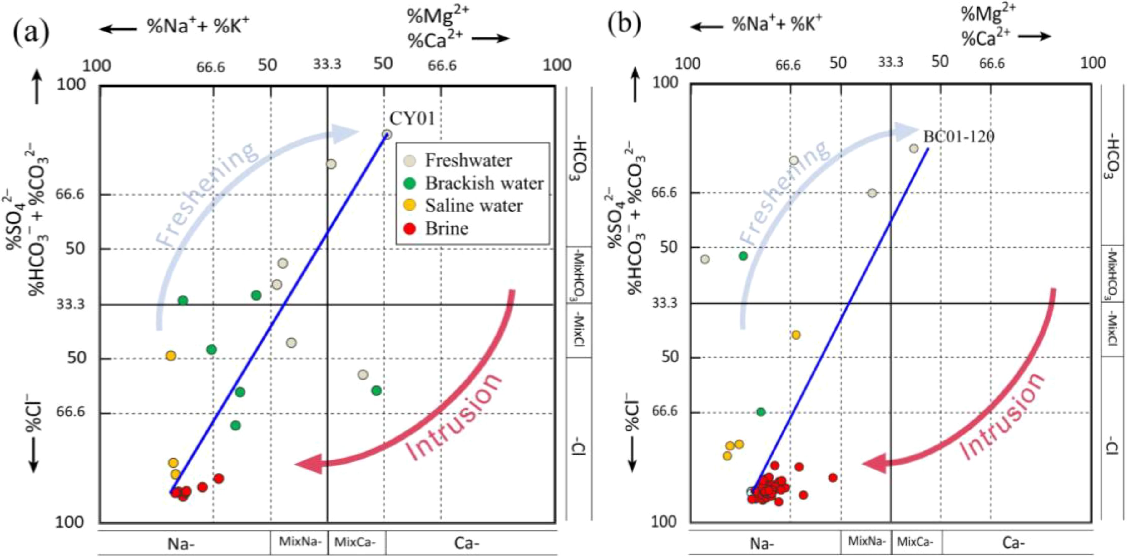 Two Durov diagrams illustrate hydrochemical data. Diagram (a) shows an upward blue arrow labeled “Freshening” and a downward red arrow labeled “Intrusion”, with data points representing freshwater, brackish water, saline water, and brine. Diagram (b) follows a similar layout, with a focus on different samples. The x-axis ranges from sodium plus potassium to magnesium plus calcium, while the y-axis ranges from sulfate plus carbonate to chloride.