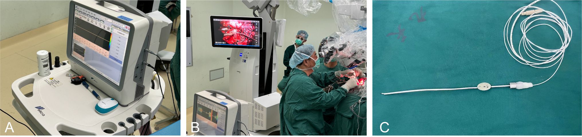Panel A shows a medical monitor displaying neurophysiological data on a trolley. Panel B captures a surgical team in an operating room, using a microscope and monitor displaying an image. Panel C presents a medical probe with wires coiled beside it on a teal surface.