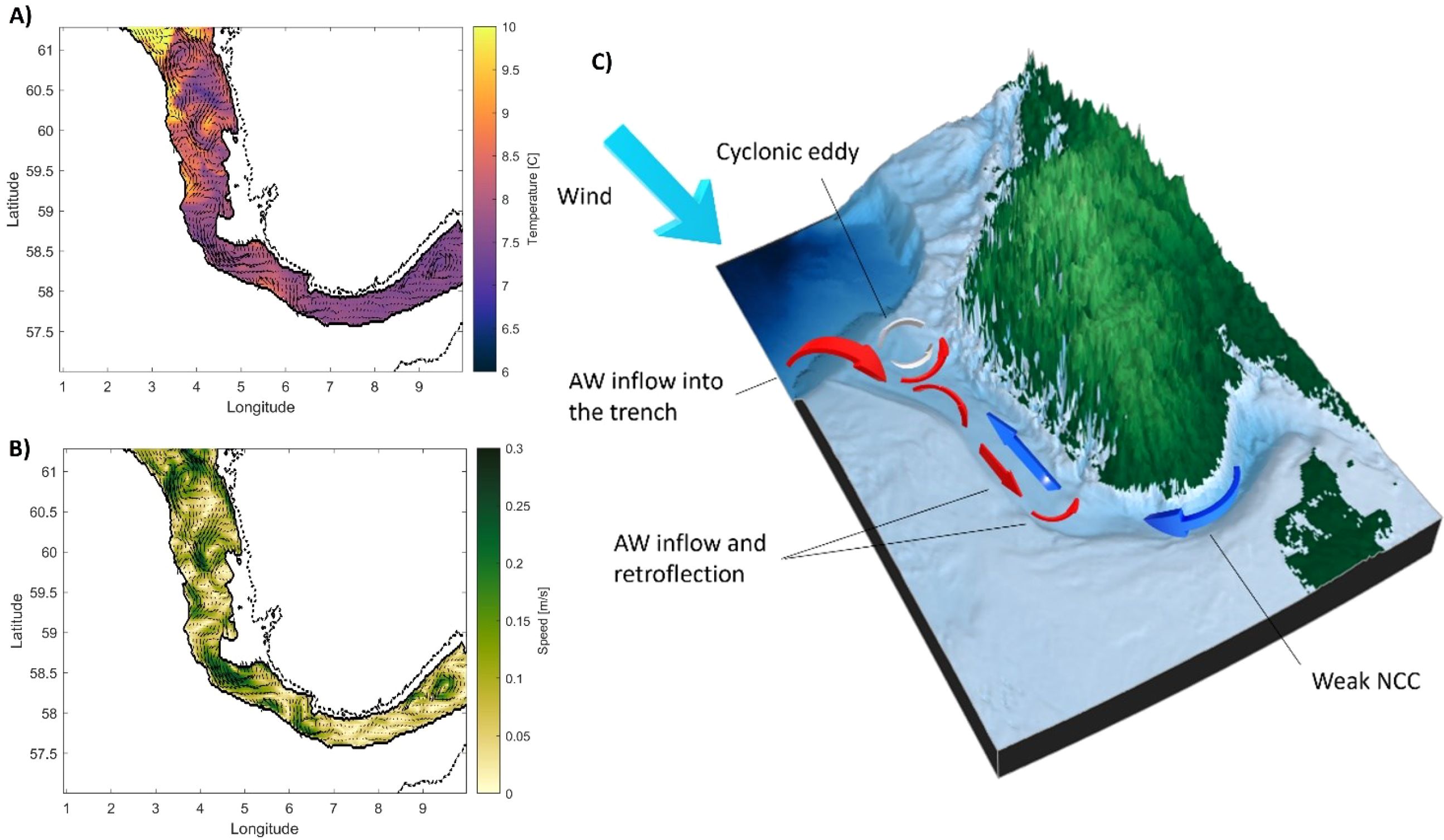 A three-part image analysis: Panel A shows a map with temperature gradient values from 6.5 to 10 degrees Celsius across a geographic area. Panel B displays water speed, ranging from 0 to 0.3 meters per second in the same area. Panel C is a 3D model illustrating wind direction, cyclonic eddy patterns, Atlantic Water inflow, retroflection, and a weak Northern Coastal Current, highlighting oceanographic processes.