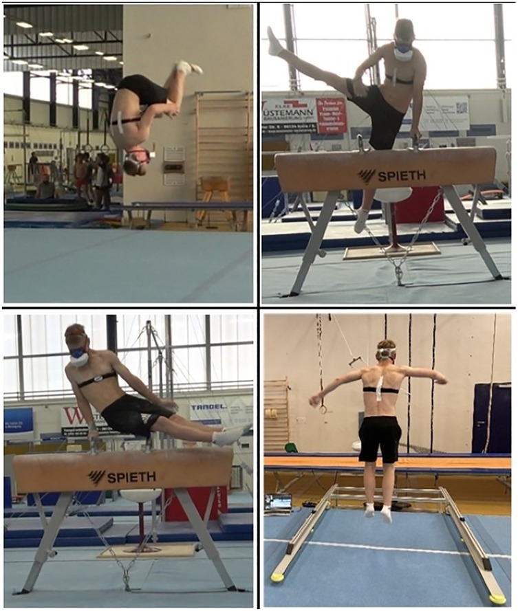A collage of four images shows an athlete performing gymnastic routines and gymnastics-specific endurance tests. Top left: executing a backflip. Top right: balancing on a pommel horse with one leg extended. Bottom left: in a side support on a pommel horse. Bottom right: jumping off a trampoline with arms extended.