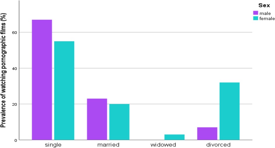 Bar chart showing the prevalence of watching pornographic films among different marital statuses by gender. Single males are at about 60 percent, females at 55 percent. Married males are at 25 percent, females at 20 percent. Widowed males are at 2 percent, females at 1 percent. Divorced males are at 25 percent, females at nearly 50 percent. Males are shown in purple and females in teal.