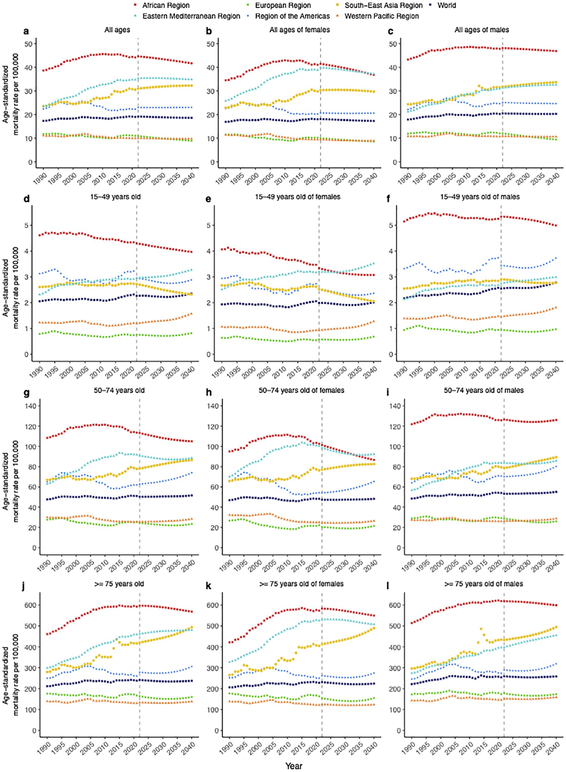 Twelve line graphs display age-standardized mortality rates per 100,000 people from 1990 to 2040 across different regions: African, Eastern Mediterranean, European, Americas, South-East Asia, and Western Pacific. The graphs are categorized by age and gender: all ages, 15-49, 50-74, and over 75 years old, including specific graphs for males and females. Notable trends include varying rates among regions, with distinct patterns for each demographic group observed across the graphs.