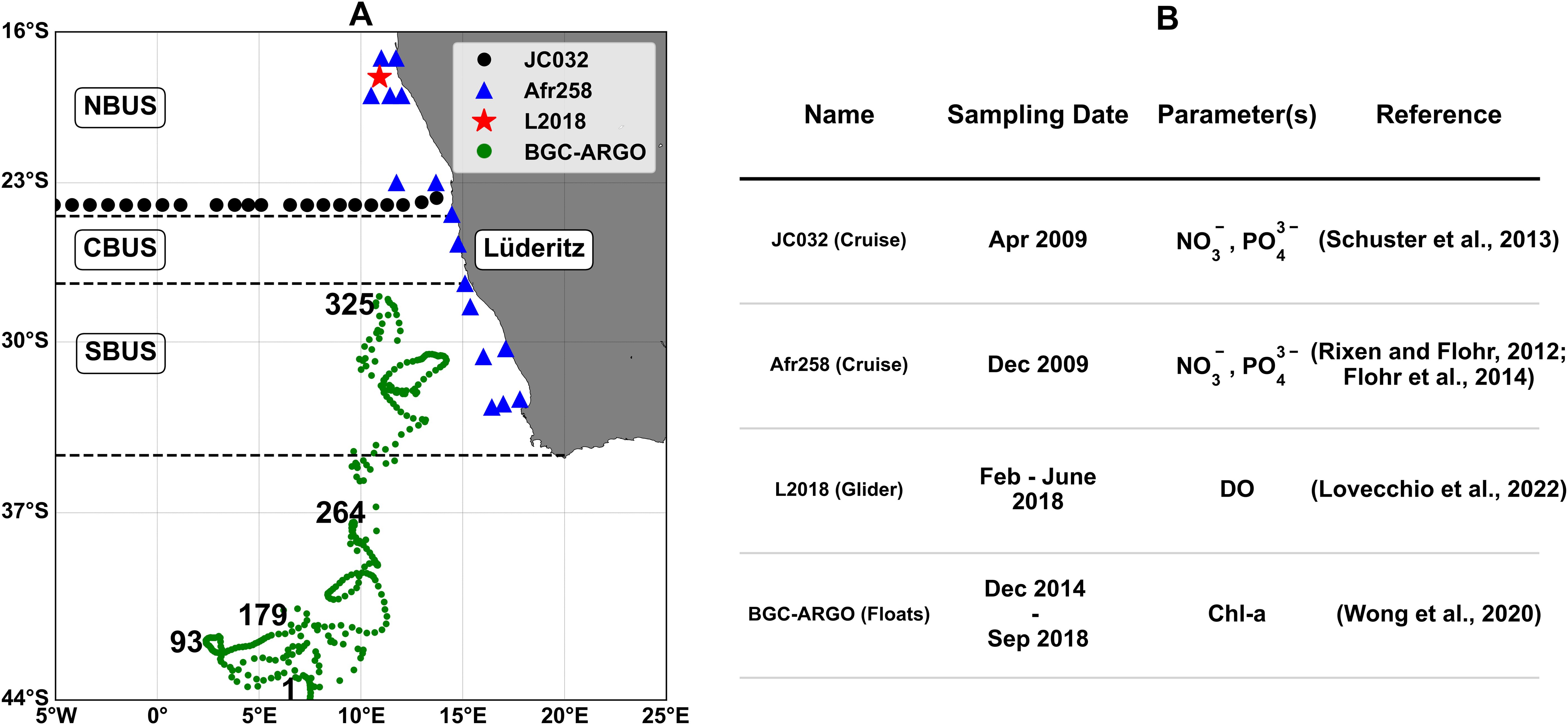Map and table showing oceanographic study locations and corresponding data. Panel A shows a coastal region divided into NBUS, CBUS, and SBUS zones, with symbols indicating different studies: black circles (JC032), black triangles (Afr258), red star (L2018), and green dots (BGC-ARGO). Lüderitz is marked on the map. Panel B details name, sampling date, parameters, and references: JC032 (April 2009, nitrate and phosphate), Afr258 (December 2009, nitrate and phosphate), L2018 (February to June 2018, dissolved oxygen), and BGC-ARGO (December 2014 to September 2018, chlorophyll-a).