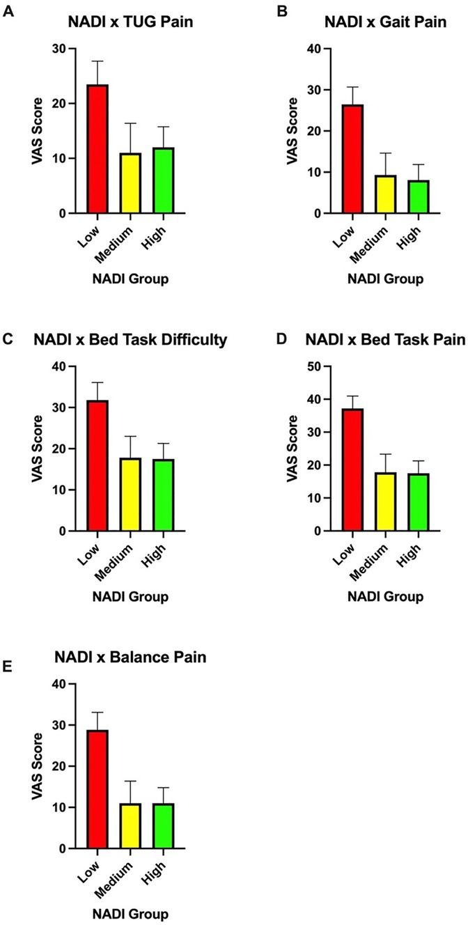Bar graphs labeled A to E compare VAS scores for low, medium, and high NADI groups. Each graph shows lower scores in higher NADI groups. Graph A: TUG Pain, B: Gait Pain, C: Bed Task Difficulty, D: Bed Task Pain, E: Balance Pain. Red represents low, yellow medium, and green high groups.