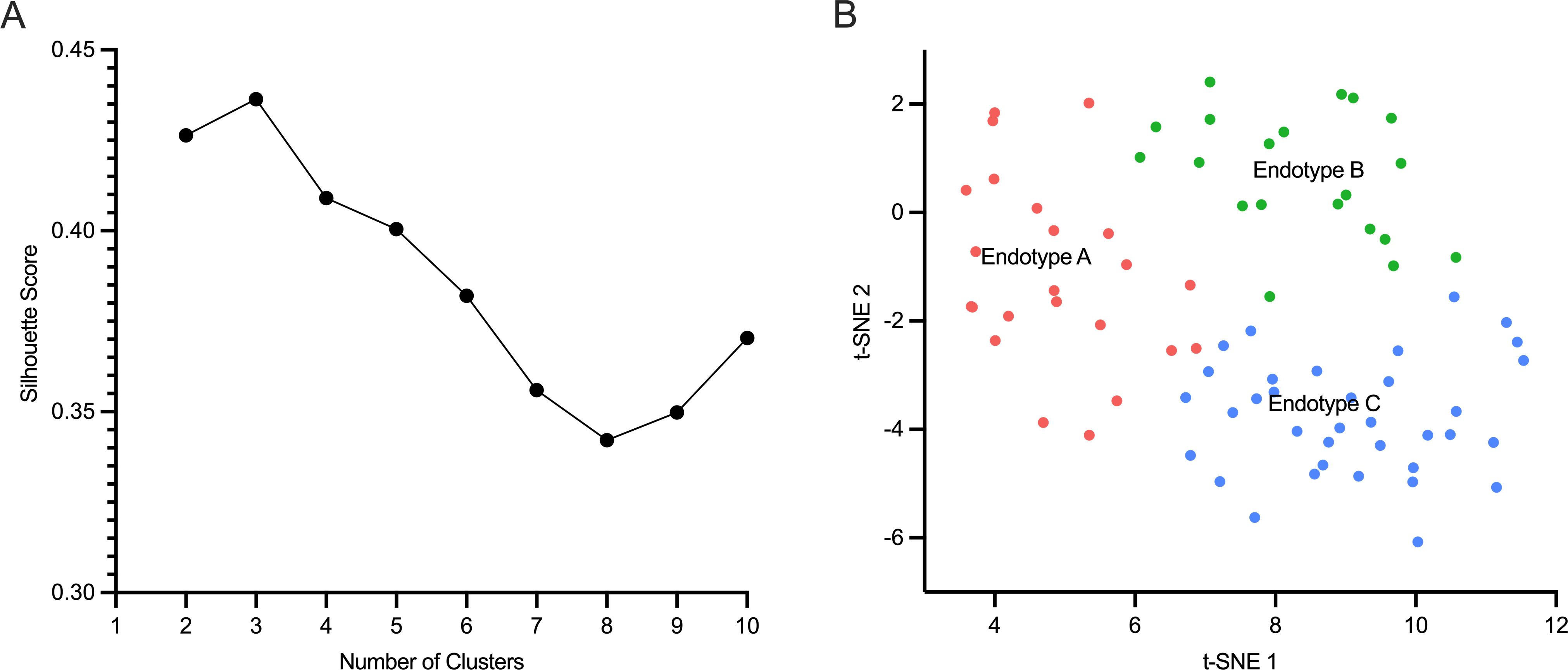 Graph A is a line chart showing silhouette scores versus the number of clusters, peaking at two, then decreasing before mildly rising at the end. Graph B is a scatter plot displaying three clusters labeled as Endotype A, B, and C, differentiated by colors, plotted on a t-SNE axis.