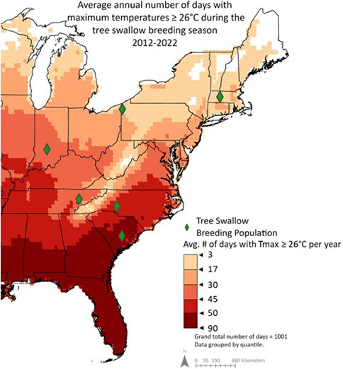 Map of the eastern United States showing the average annual number of days with temperatures above or equal to 26 °C during the tree swallow breeding season from 2012 to 2022. Darker reds indicate more days, with southern areas experiencing over fifty days. Green diamonds mark tree swallow breeding populations included in this study.