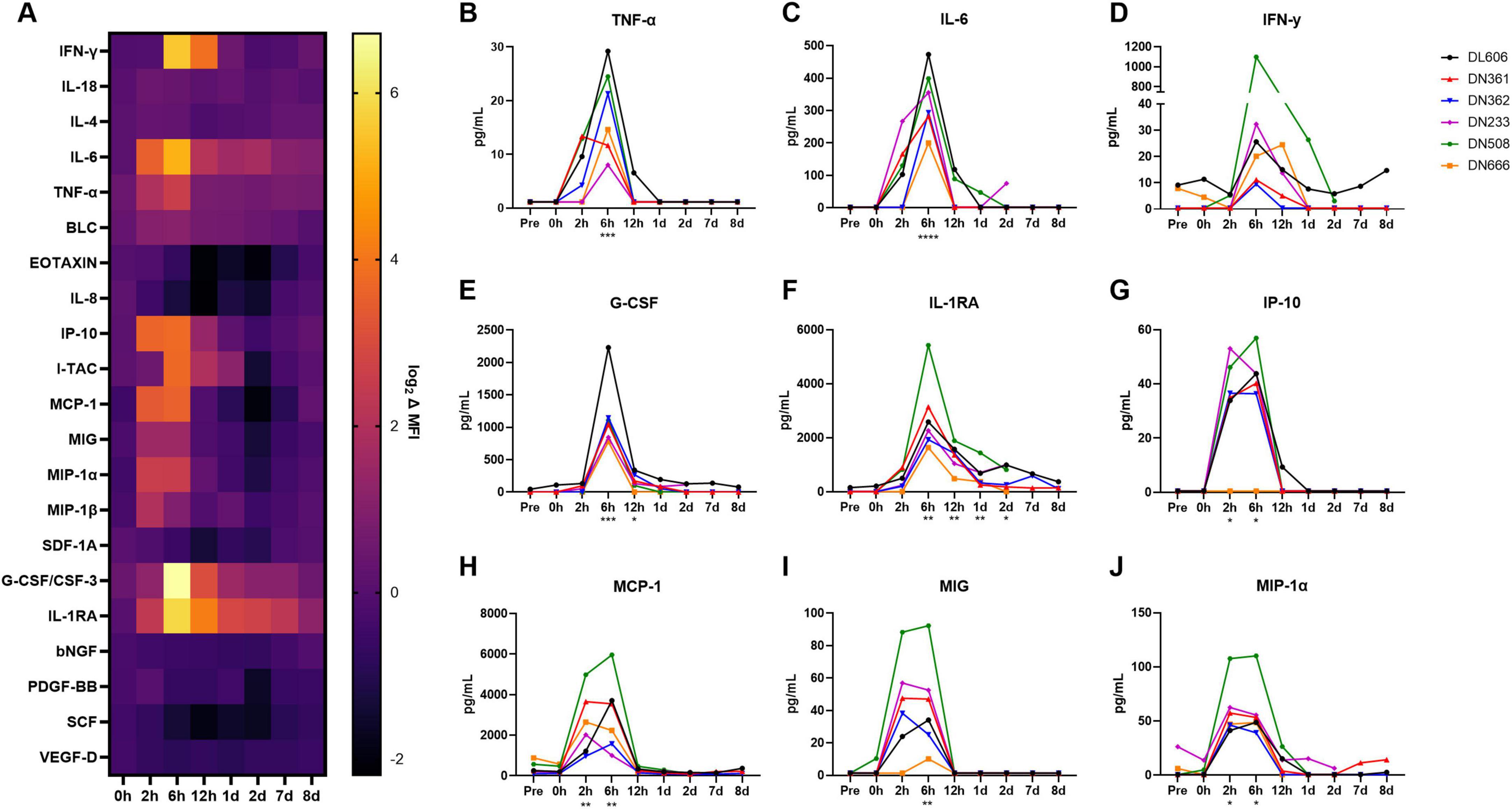 Heatmap and line graphs show cytokine levels over time. Panel A is a heatmap indicating cytokine expression. Panels B to J display line graphs of specific cytokines, each represented by a different colored line corresponding to a legend indicating various subjects. Time points range from pre-experiment to eight days, with y-axes measuring cytokine concentration in picograms per milliliter. Key cytokines include TNF-α, IL-6, IFN-γ, G-CSF, IL-1RA, IP-10, MCP-1, MIG, and MIP-1α. The graphs indicate peak cytokine levels shortly after the zero-hour mark.