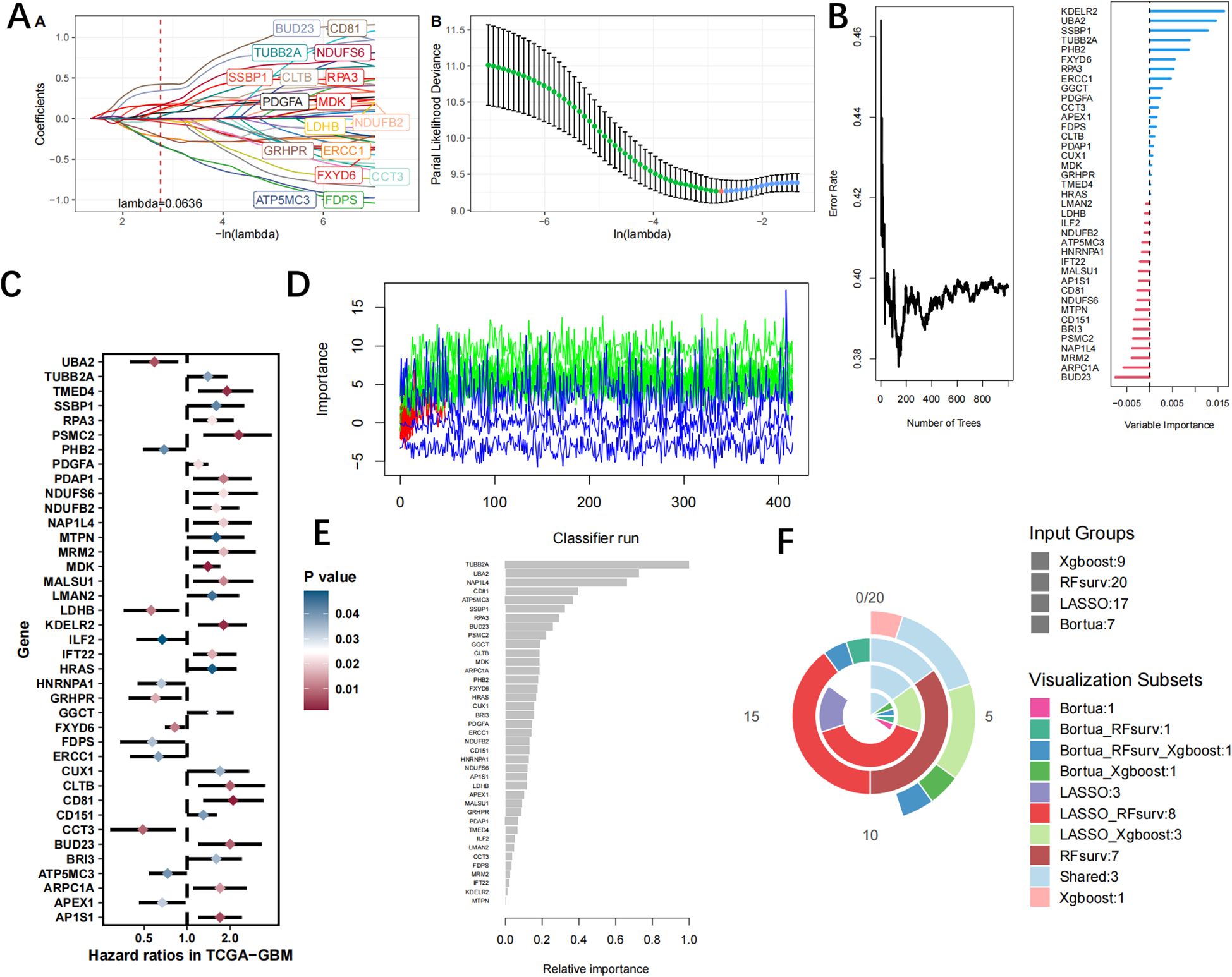 A collection of plots and charts analyzing gene expression and variable importance in cancer research. Panel A shows LASSO coefficient paths. Panel B includes error rate and variable importance plots using trees. Panel C is a hazard ratios plot for genes in TCGA-GBM. Panel D visualizes variable importance across classifier runs. Panel E presents relative importance based on P values, and Panel F is a radial plot showing input groups and visualization subsets distribution.