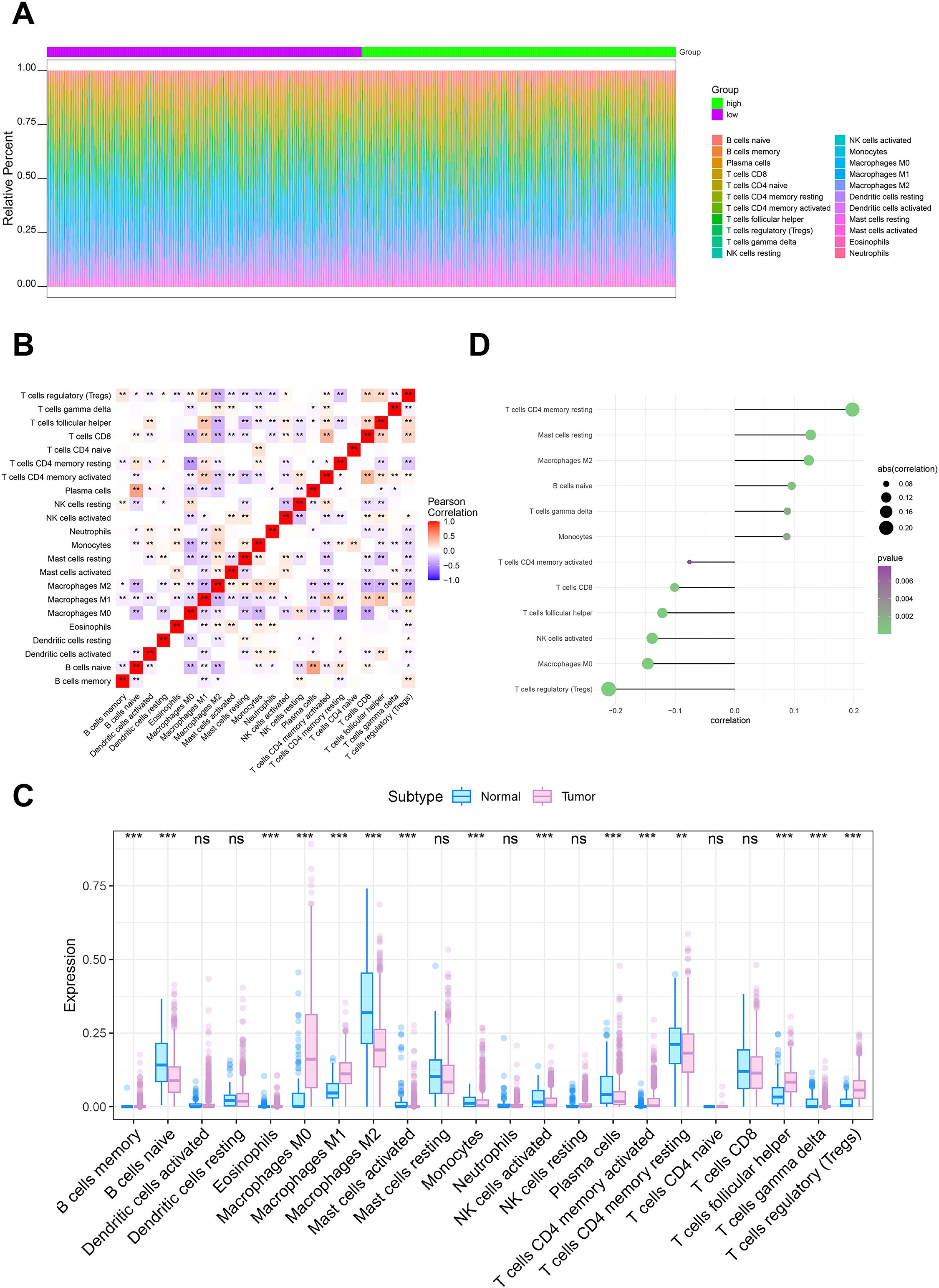 A set of graphs analyzing immune cell data. Panel A shows a stacked bar chart of cell type distribution across groups. Panel B displays a heatmap of Pearson correlation coefficients between different immune cells. Panel C presents a box plot comparing expression levels in normal versus tumor subtypes. Panel D is a dot plot showing correlations with colored p-values and varying dot sizes.