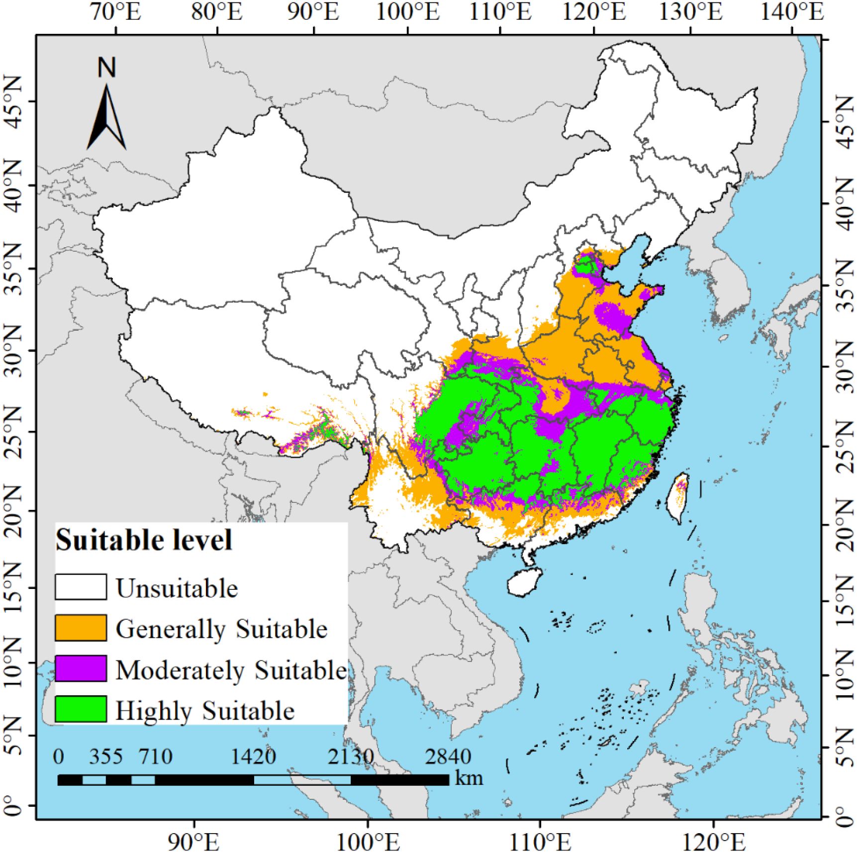 Map of China showing regions based on suitability levels for a certain purpose. Green indicates highly suitable areas primarily in southeastern China. Purple shows moderately suitable zones, orange denotes generally suitable regions, and white marks unsuitable areas. Major parts of western China are labeled unsuitable. A scale is included for distance, and a legend explains the color coding.