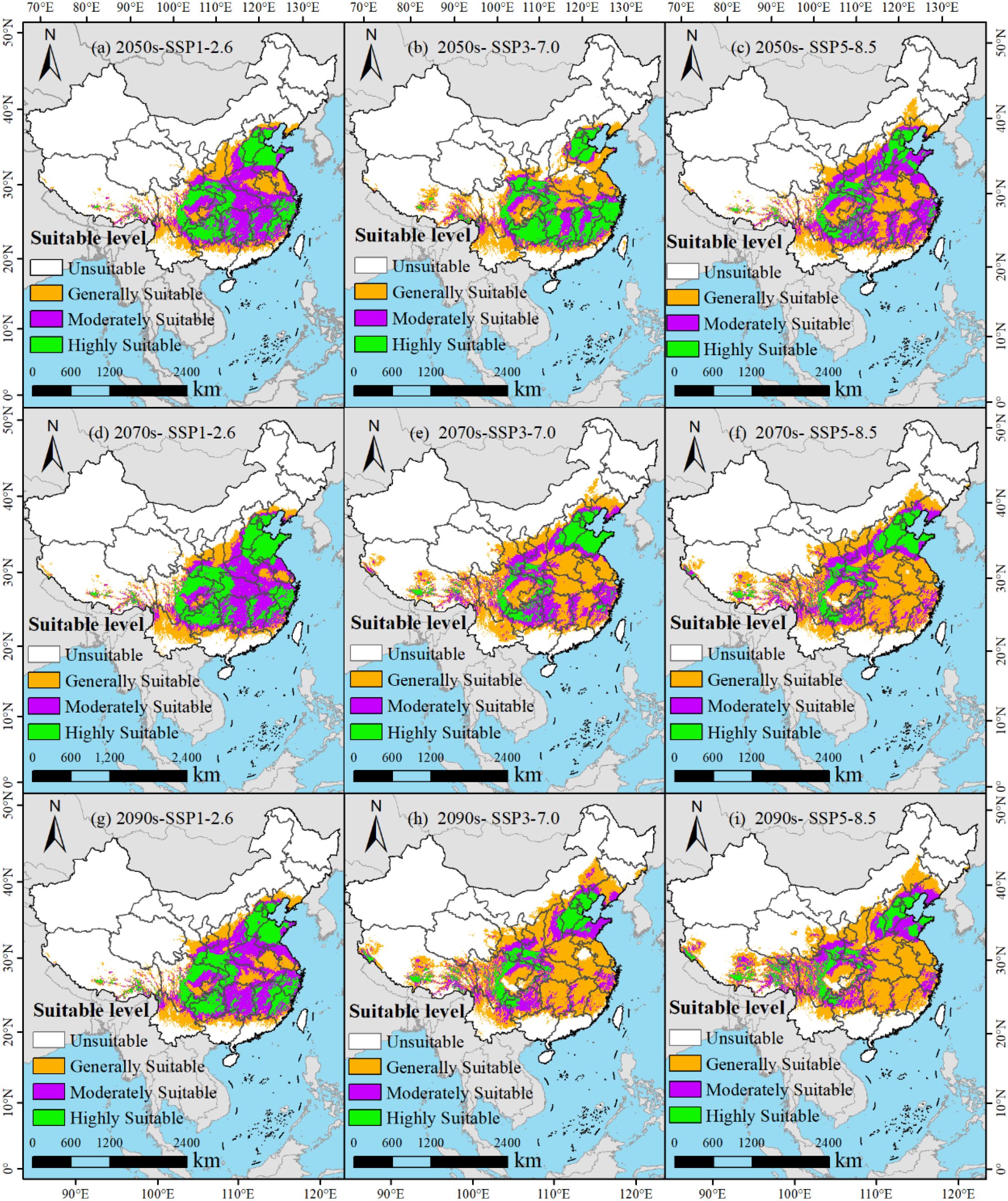 Nine-panel diagrams show maps of China with projected suitability levels for a specific variable across three time periods (2050s, 2070s, 2090s) under different SSP scenarios (1-2.6, 3-7.0, 5-8.5). Color-coded suitability levels are indicated: unsuitable (yellow), generally suitable (orange), moderately suitable (purple), and highly suitable (green). Each map features latitudinal and longitudinal coordinates, scale bar, and compass orientation.