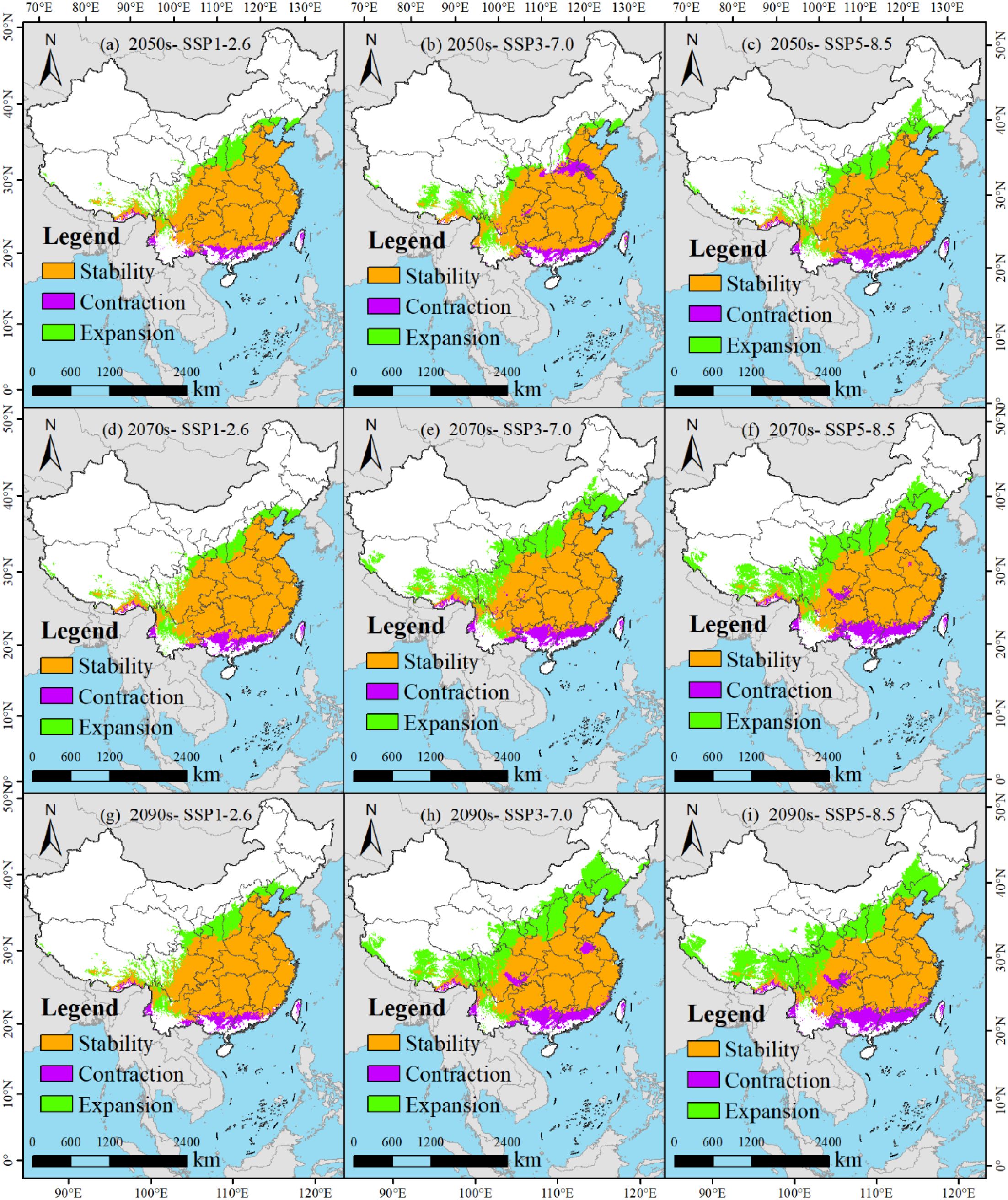 Nine-panel map depicting projected changes in land stability, contraction, and expansion across China for the 2050s, 2070s, and 2090s under SSP scenarios 1-2.6, 3-7.0 and 5-8.5. Each panel shows regions in orange (stability), purple (contraction), and green (expansion) with a legend and scale bar. The maps illustrate geographic variations under different climate scenarios over time.