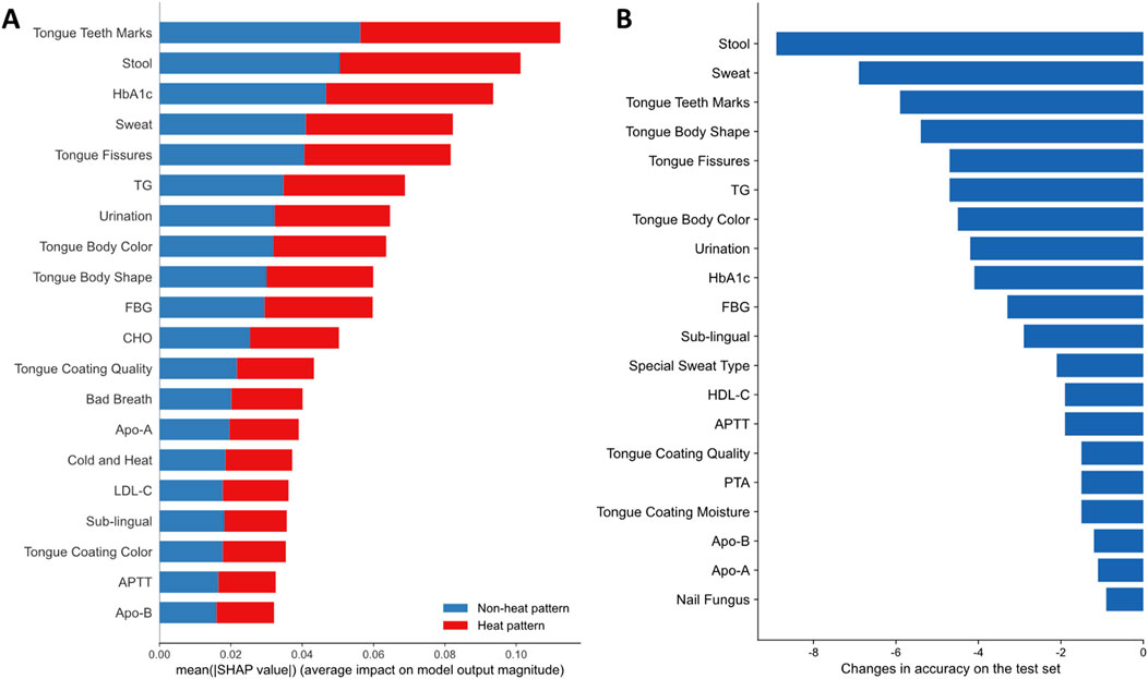 Bar charts labeled A and B compare the importance and accuracy changes of various factors. Chart A uses bars to show mean SHAP values with red and blue segments for heat and non-heat patterns, respectively.
