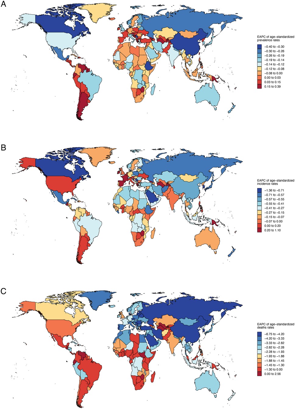 Three world maps show countries shaded in various colors on a scale from blue to red, indicating different data sets or criteria. The maps highlight the variability across continents, emphasizing regional differences in the unknown metric depicted. Color gradients suggest a range from low to high values.