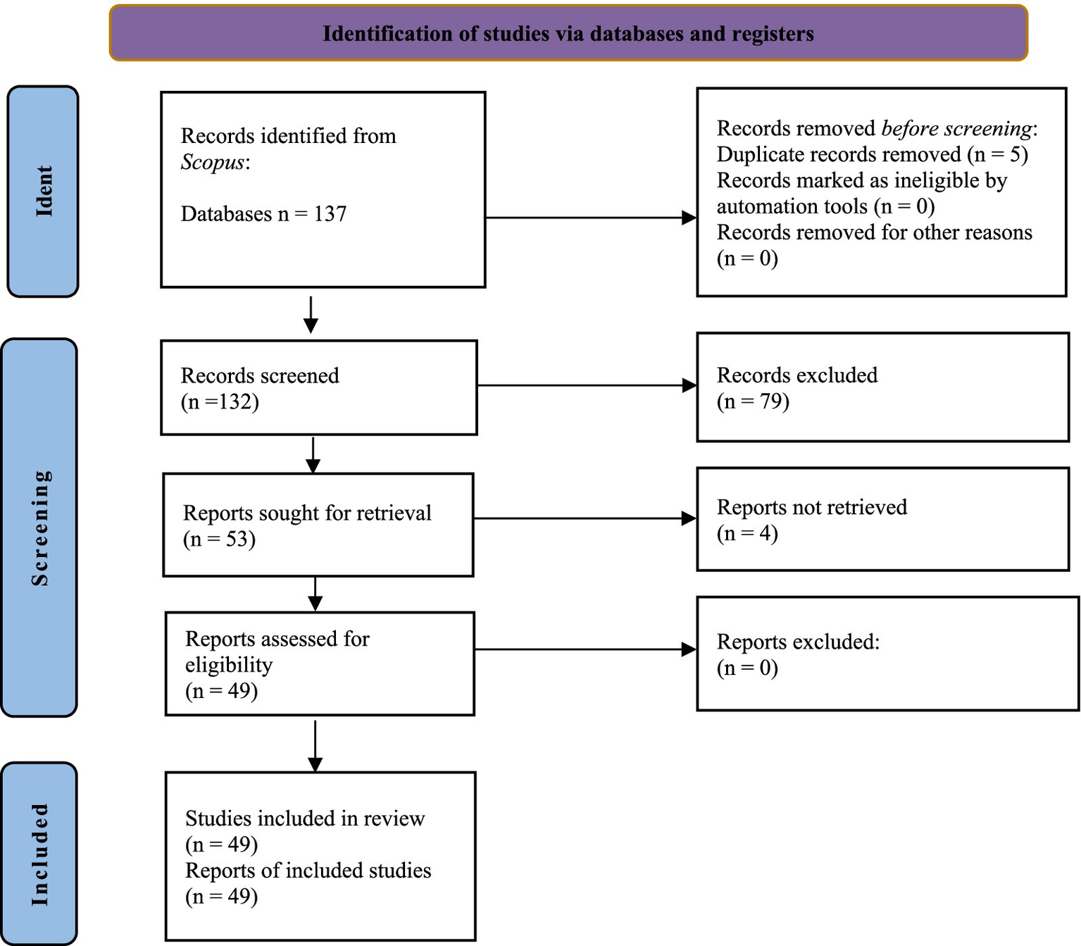 Flowchart detailing the identification of studies via databases and registers. Initially, 137 records were identified from Scopus. After removing 5 duplicates, 132 records were screened, resulting in 79 exclusions. Fifty-three reports were sought for retrieval, with 4 not retrieved. Forty-nine reports were assessed for eligibility, with none excluded. Finally, 49 studies were included in the review.