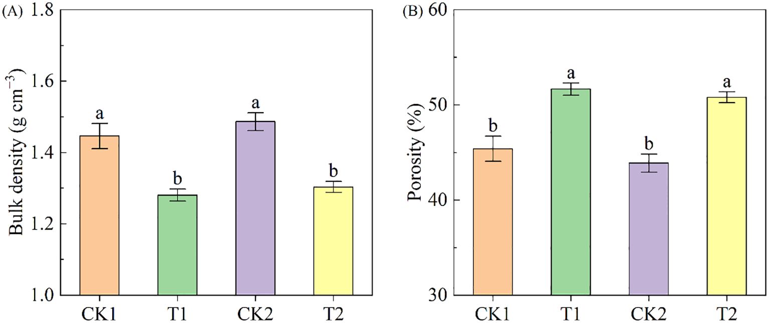 Two bar graphs compare bulk density and porosity across four treatments: CK1, T1, CK2, and T2. Graph A shows bulk density, with CK1 and CK2 having higher values than T1 and T2. Graph B displays porosity, where T1 and T2 have higher values than CK1 and CK2. Error bars indicate variability, and statistical significance is marked by letters.